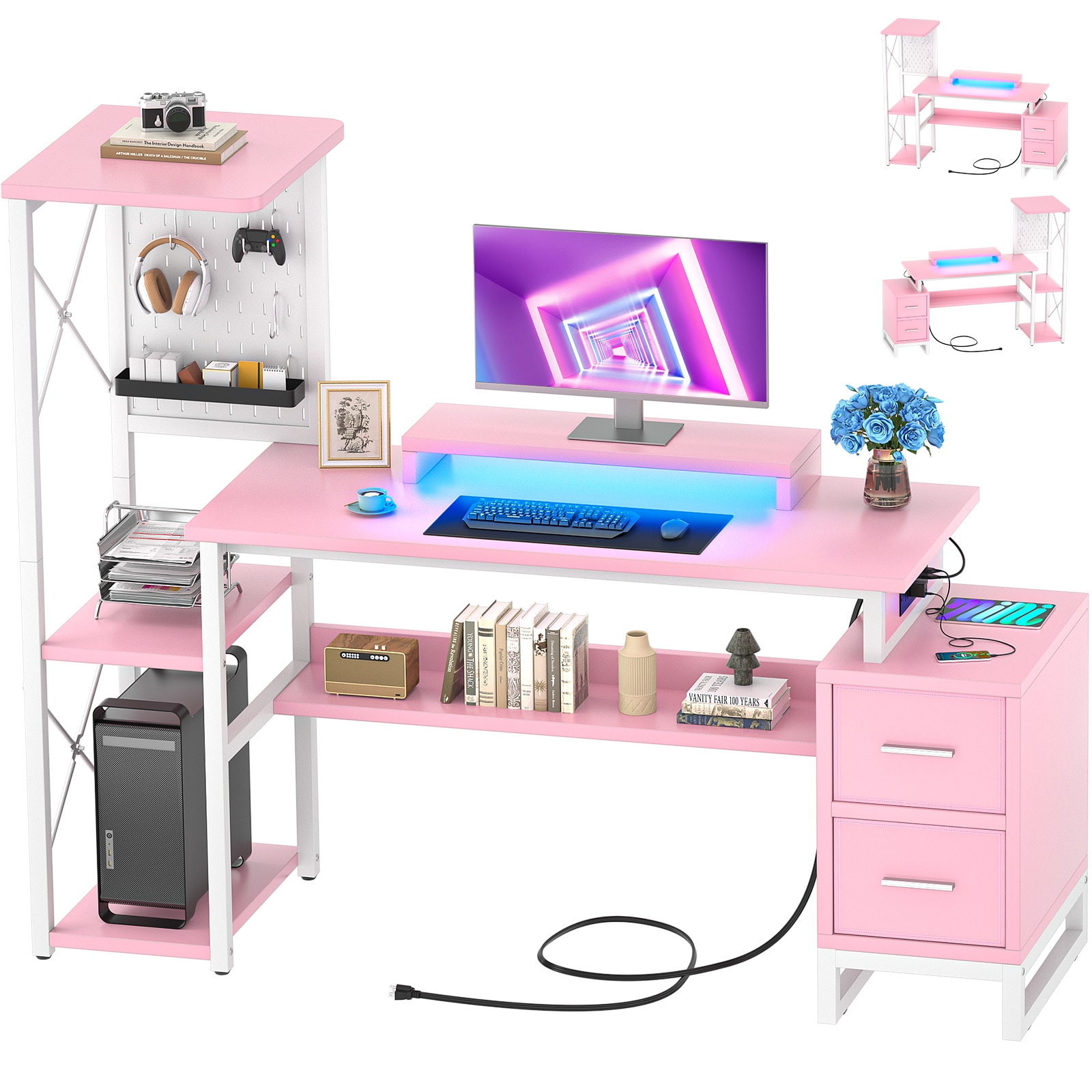 Aheaplus 53-in W Gaming Desk with Power Outlet LED Lights Monitor Stand ...