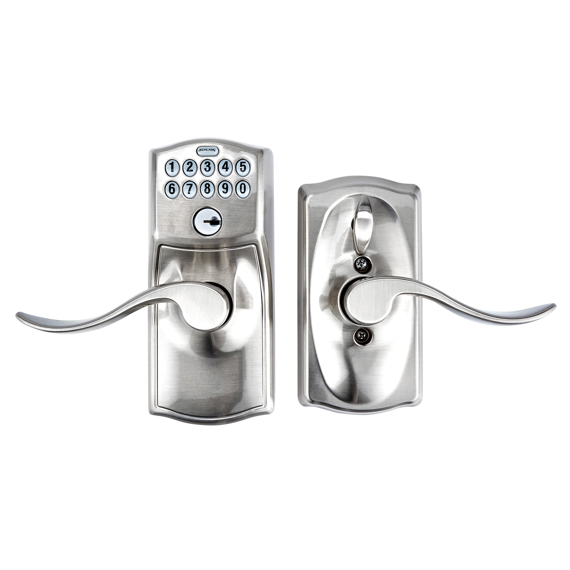 Schlage Keypad Camelot Satin Nickel Single Cylinder Electronic Handle  Lighted Keypad in the Electronic Door Locks department at