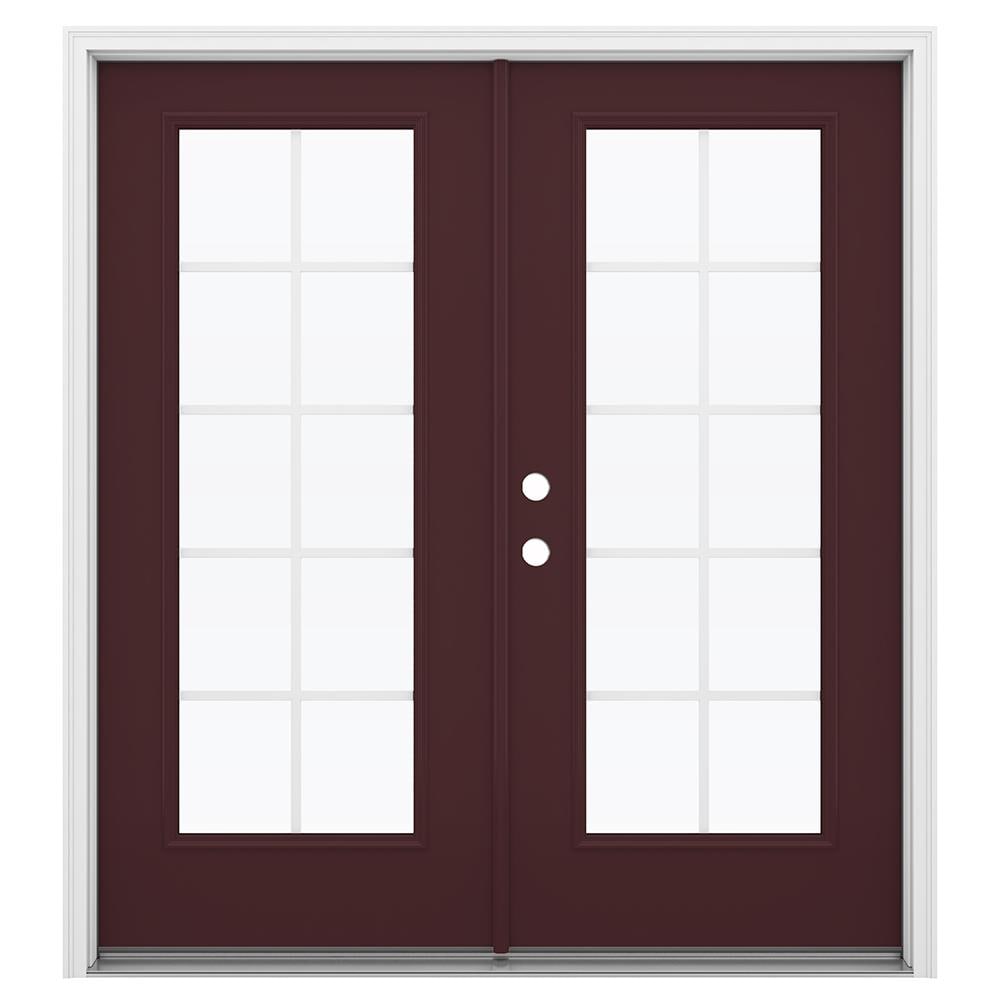 JELD-WEN LOWOLJW192600158 72-in x 80-in x 4-9/16-in Jamb Currant Steel Right-hand inswing French Patio Door with Low-E Glass with Grilles (Brickmould Included)