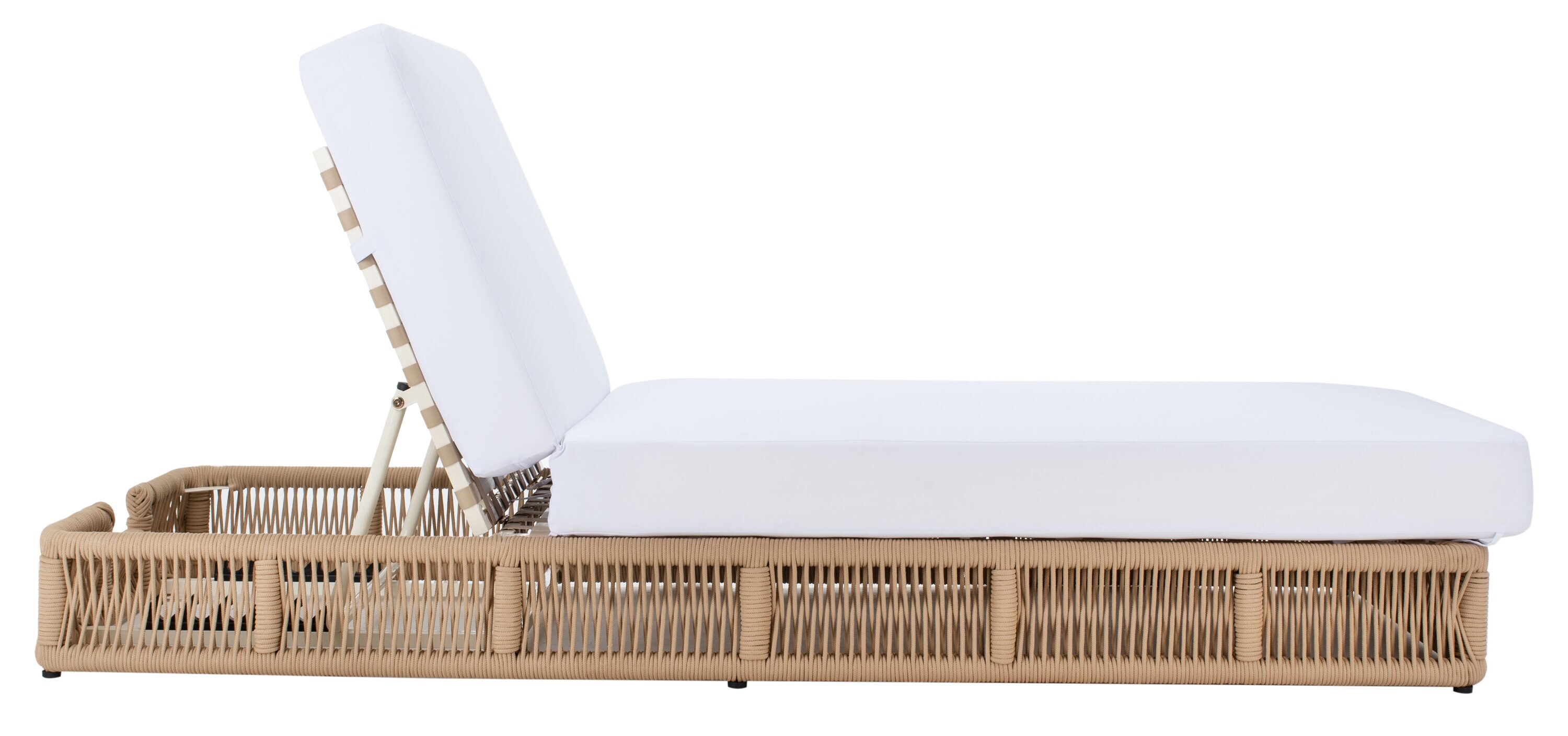 Tan Rope Wicker Armless Chaise with White Cushions