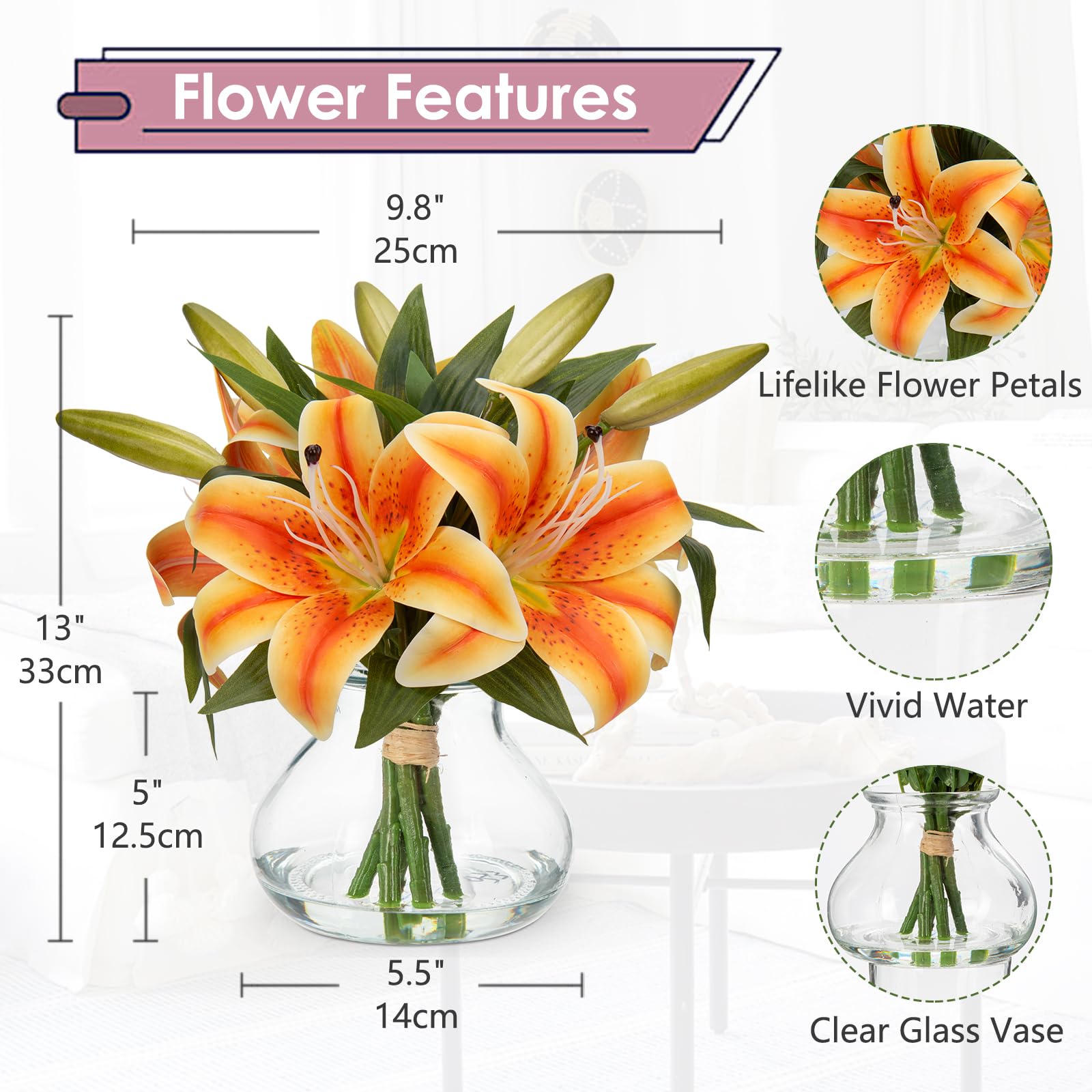 OMOMMD Tiger Lily Artificial Flowers in Glass Vase with Faux Water ...