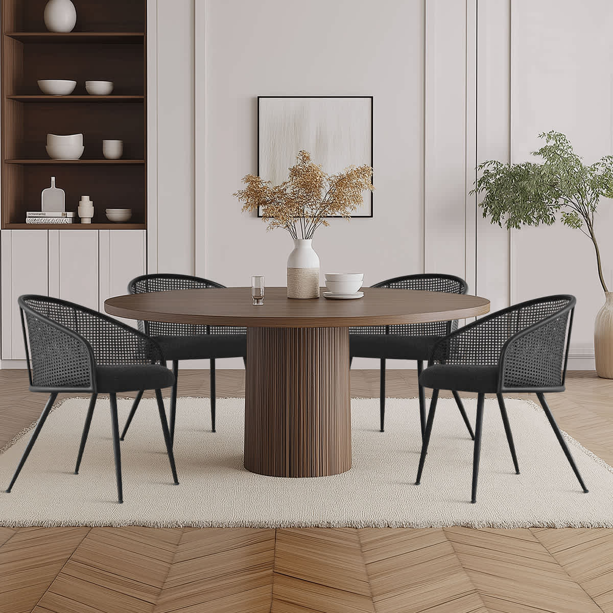 Maison Boucle JULES-ARM-BK-4 Set of 4 Rattan Back Dining Chairs with Black Upholstered Seat and Black Metal Legs for Small Spaces