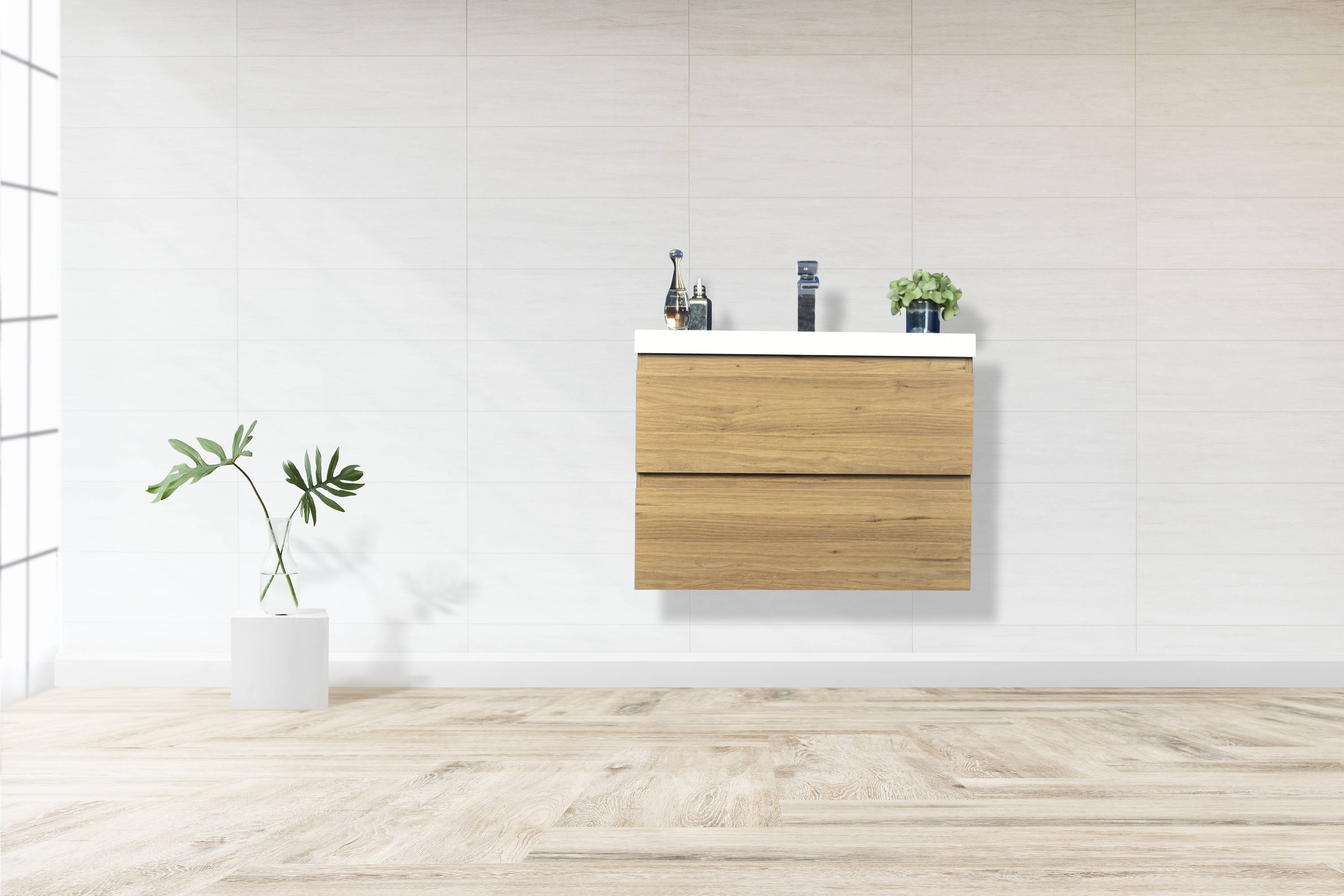 Moreno Bath MOB30-AV Moreno Bohemia 30-in Natural oak Single sink Floating Bathroom Vanity with Pure white Acrylic Top
