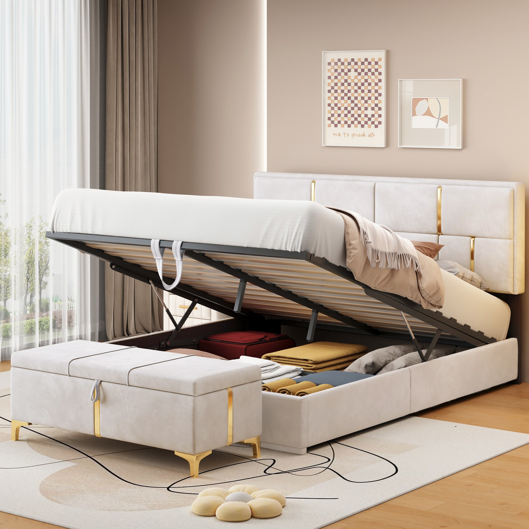 ModernLuxe N733S207778A 2Pieces Bedroom SetsQueen Size Upholstered Platform Bed with Hydraulic Storage SystemStorage Ottoman with Metal LegsBeige