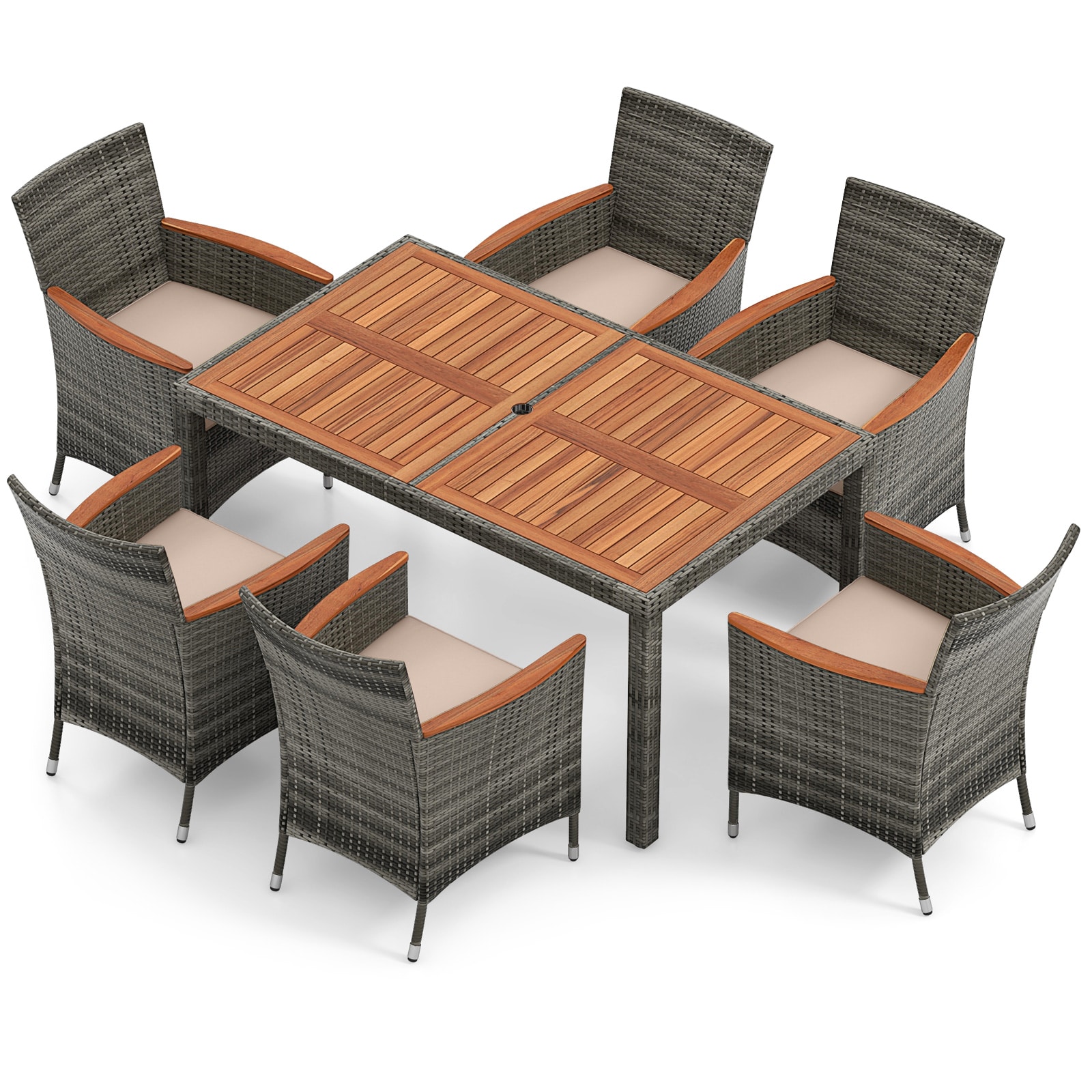 OD26HW715 Patio Dining Sets 7 -Piece Gray Rattan Patio Dining Set Wood Rectangle Table with 6 Brown Cushions Stationary Chairs
