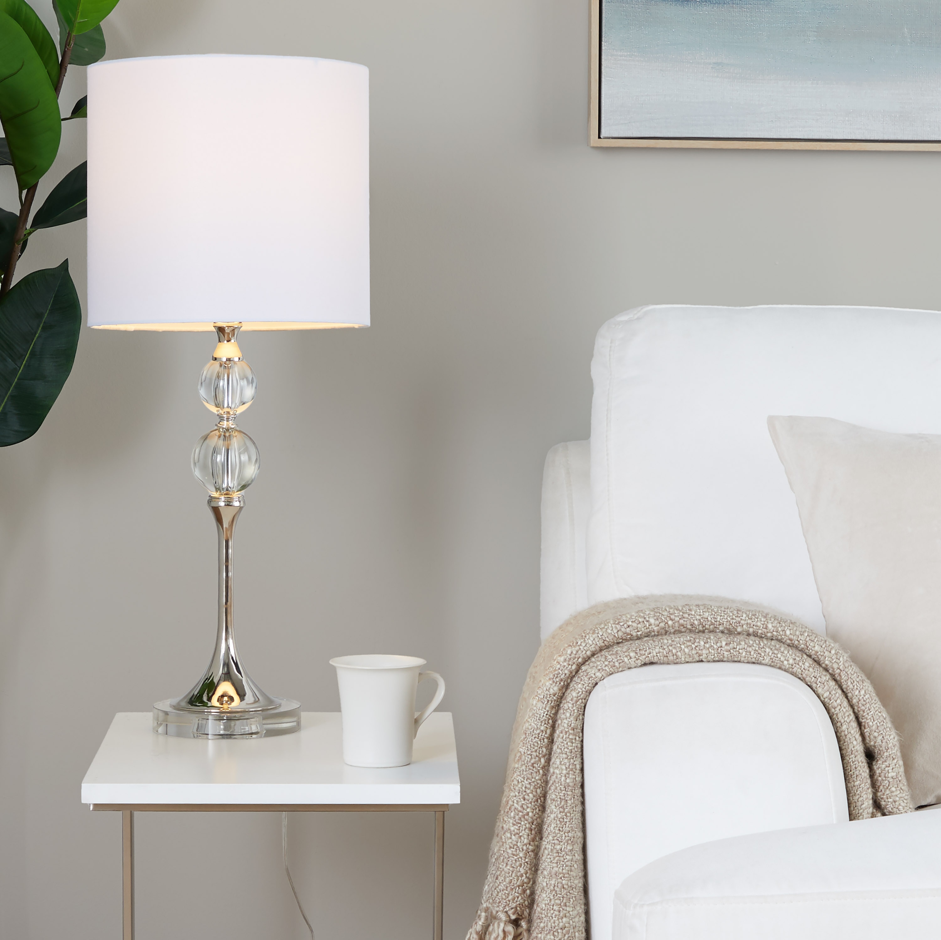 Tenleaf 26 Inch Contemporary Table Lamp in Clear Crystal and Polished Nickel with White Linen Shade for Living Room and Bedroom Set of 2