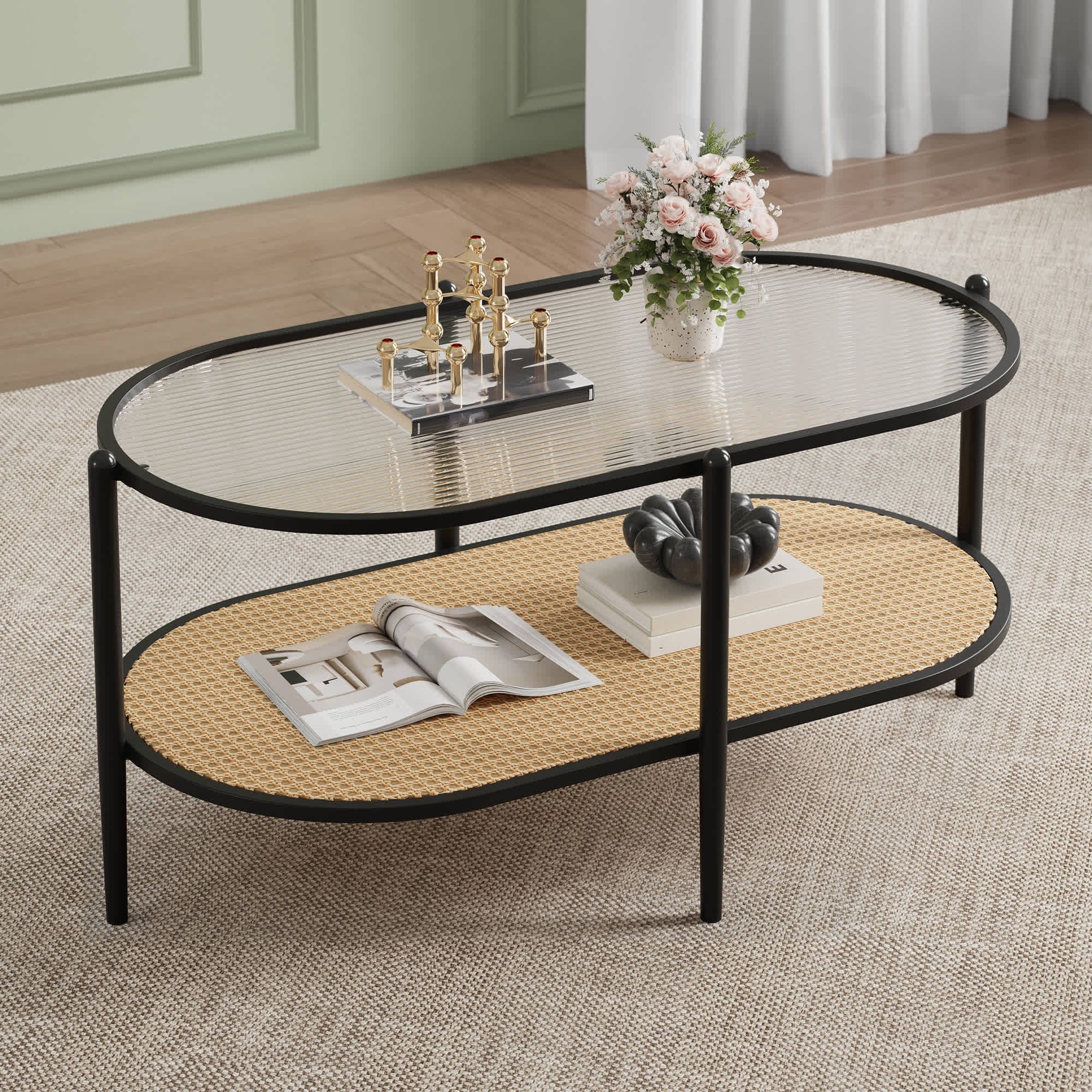 Qeetex PHK-346K9WCN-HNN 2 Tier Oval White Steel Coffee Table with Water Wave Glass Top and Yellow Rattan Storage Shelf