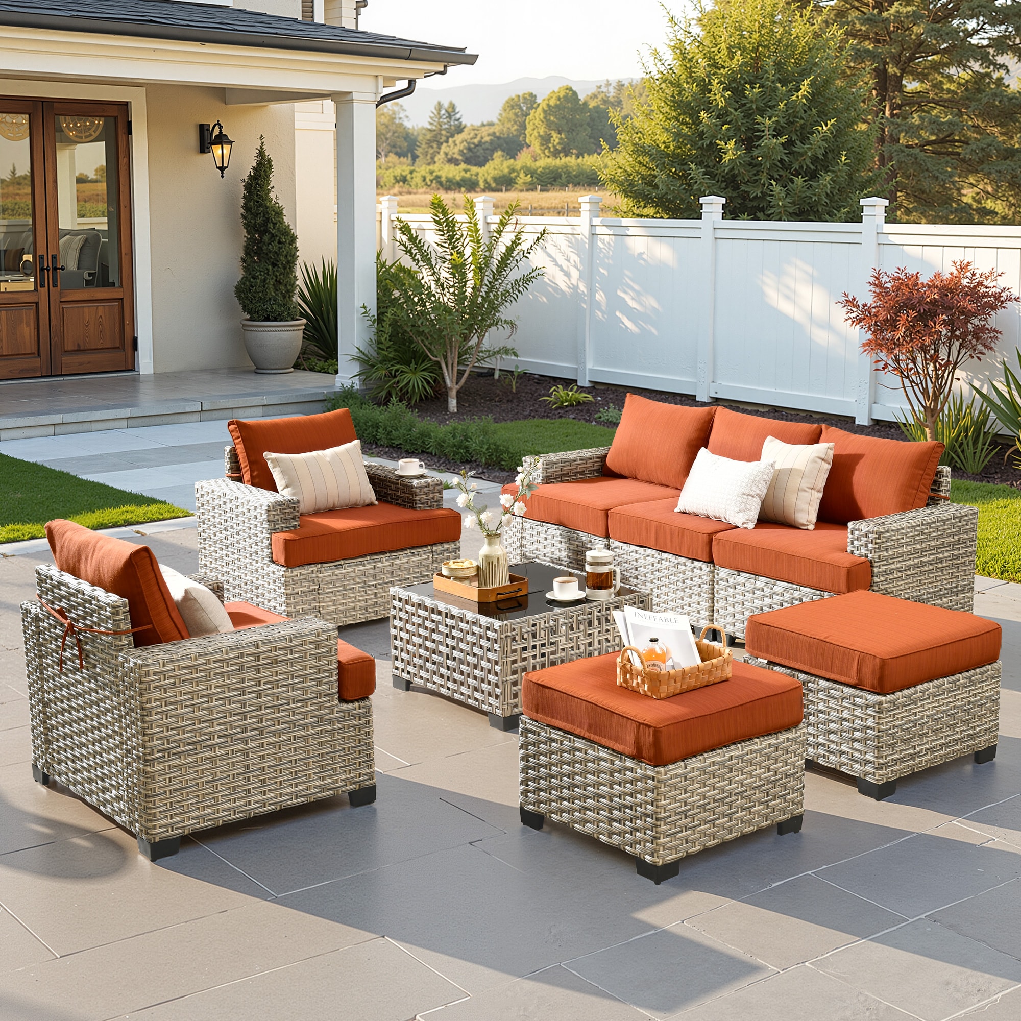 ALTRIGUS 6L-TBS808-AL 8 -Piece Wicker Patio Sofa Conversation Set with Orange Cushions