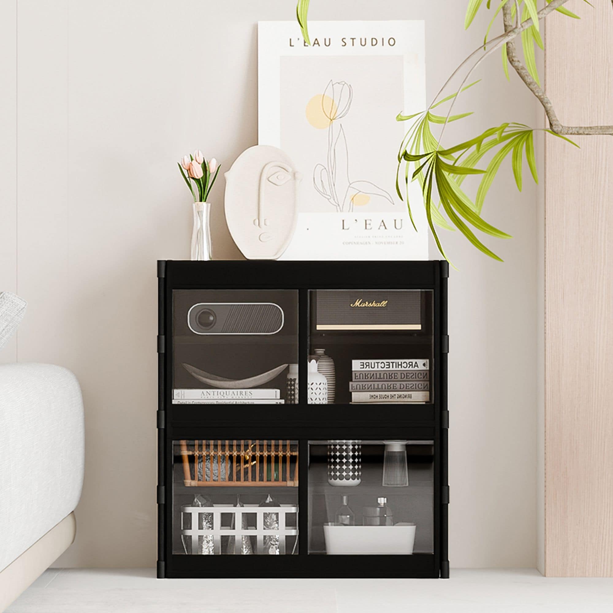 HAUSOURCE - 7-Tier Storage Cabinet Modern Display Cabinet Bookshelf in Black