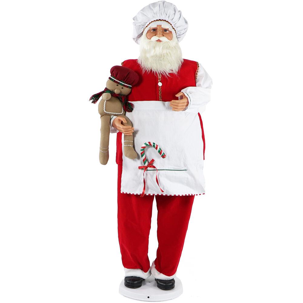Fraser Hill Farm FASC058-2RD1 58-in Dancing Santa in Baking Outfit with Gingerbread Boy and Candy Cane, Life-Size Christmas Holiday Home Decorations
