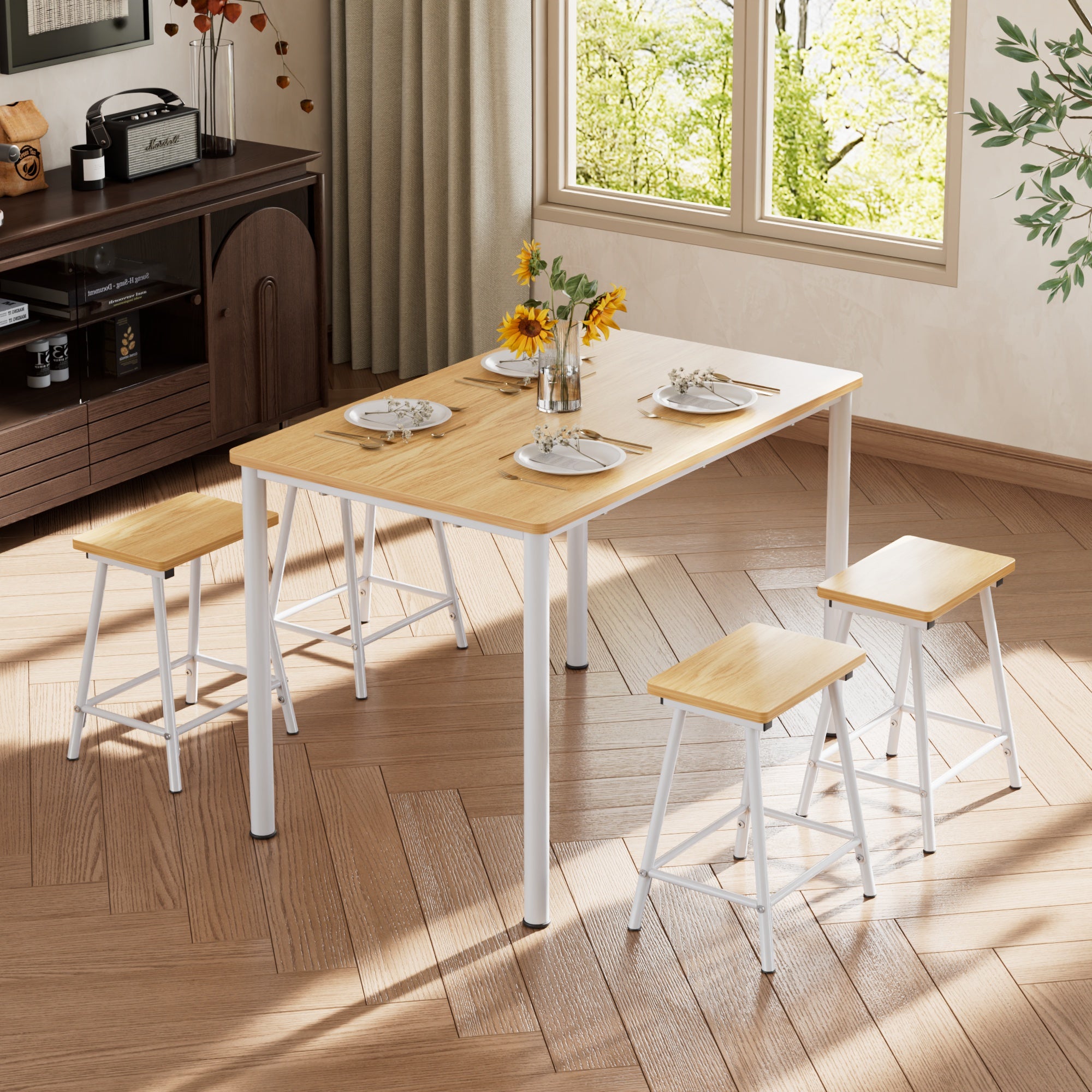 Vecelo LOE-JYX-TC14-OAK 4 Person Four Leg Dining Set Counter Height Dining Table Set For 4 Pub Table and Stool Set Space Saving Dinette For Small Space