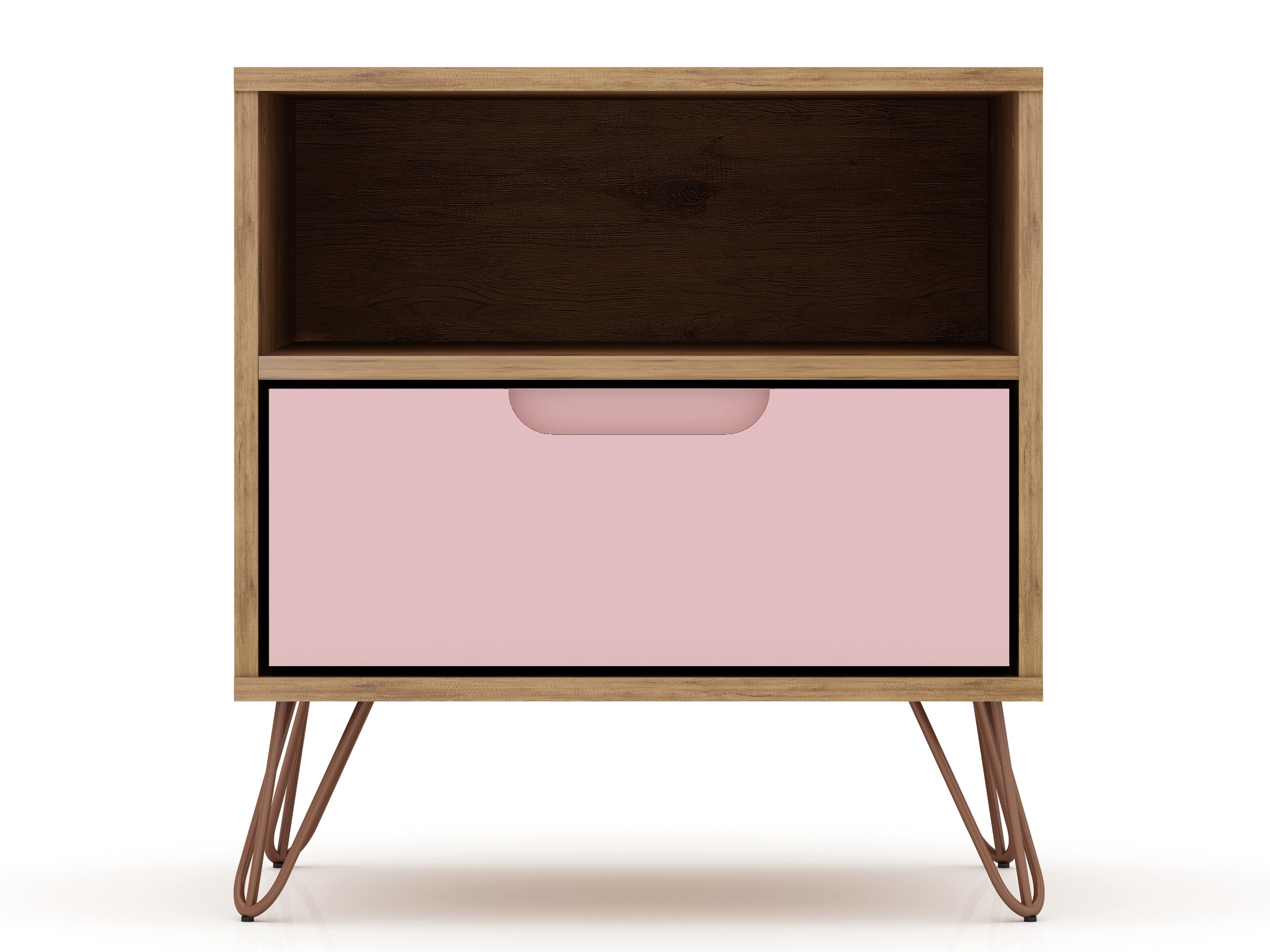 Mid-Century Rose Pink & Natural Nightstand with Metal Legs
