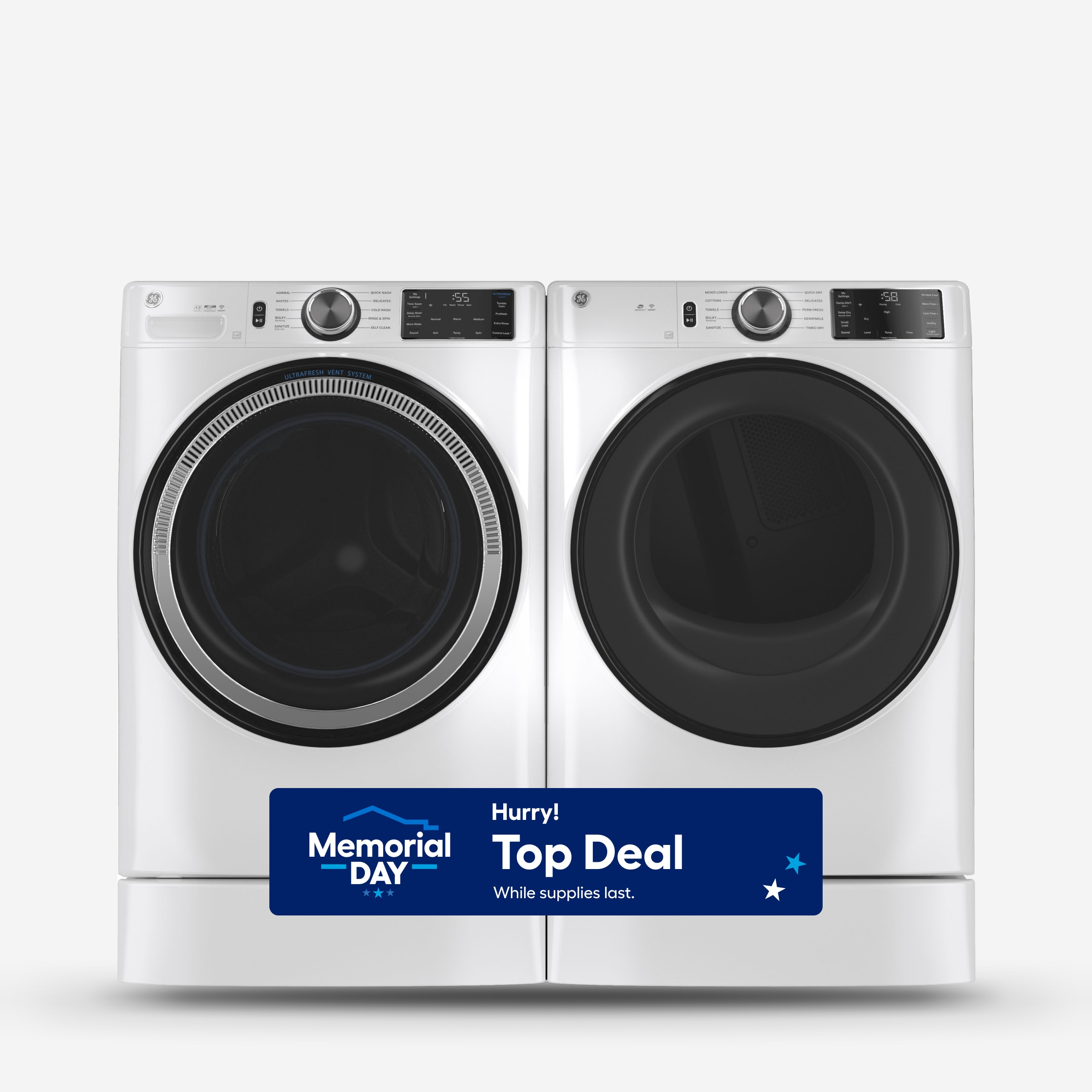 GE  UltraFresh Stackable Smart Front Load Washer & Electric Dryer Set with Sanitize Cycle in White