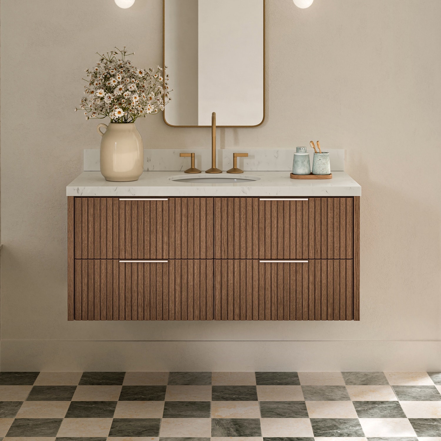 ARIEL Lucia 48-in Brown Oak Undermount Single Sink Bathroom Vanity with Carrara White Quartz Quartz Top