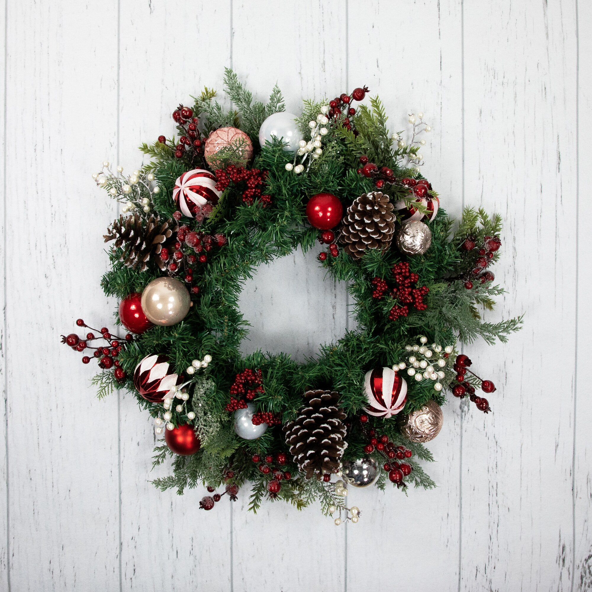 28-Inch Mixed Pine Christmas Wreath with Ornaments