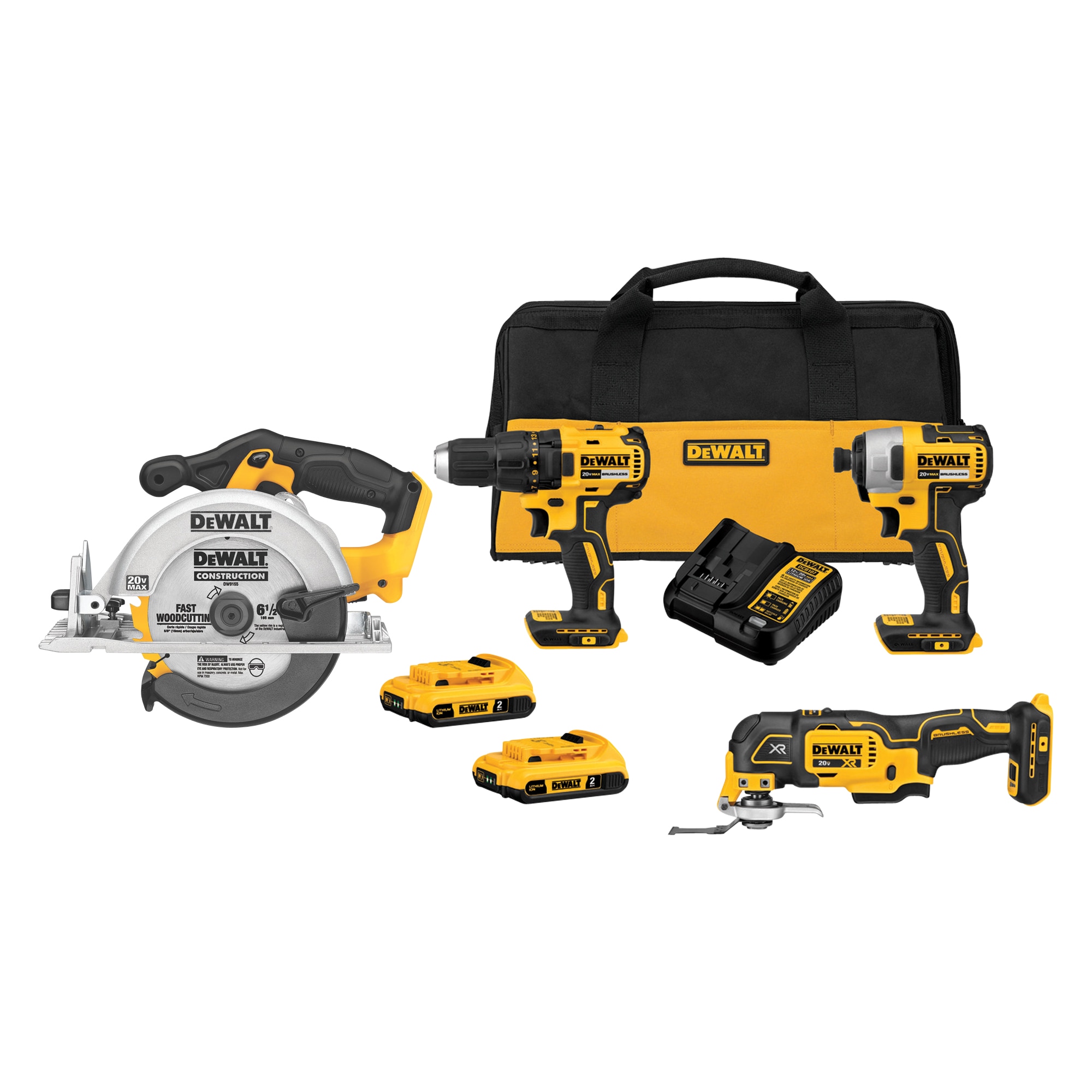 DEWALT 3-Tool 20-Volt Max Brushless Power Tool Combo Kit with Soft Case (2-Batteries and charger Included) & 20-Volt Max 6-1/2-in Cordless Circular