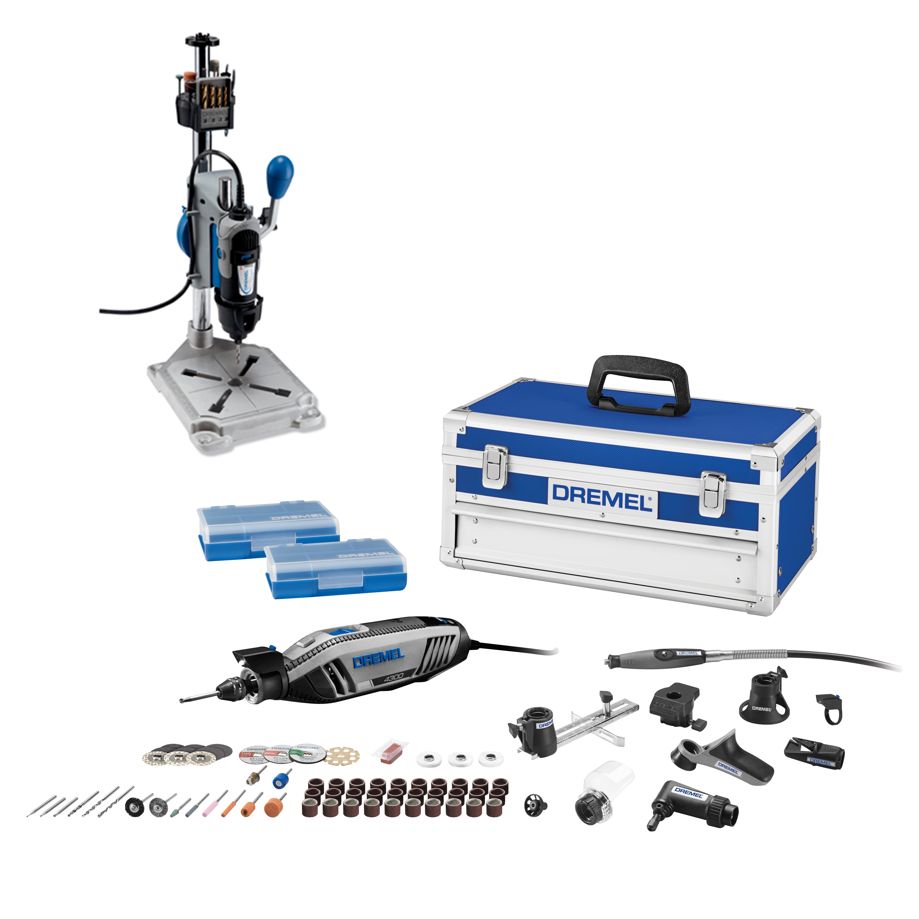 Dremel 4300 Corded Variable Speed Rotary Tool with 9 Attachments and 63  Accessories + Drill Press Workstation