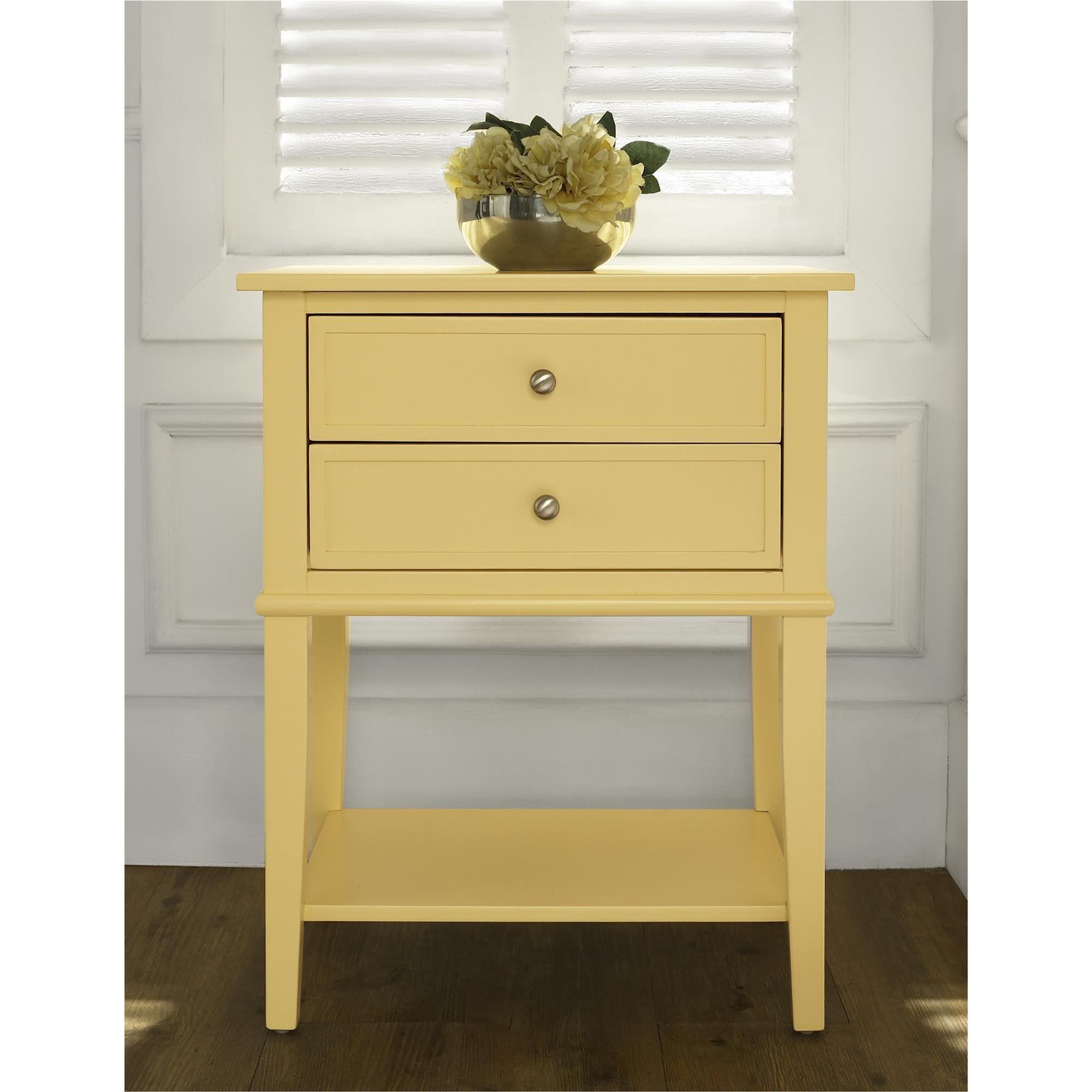 Yellow Wood Accent Table with 2 Drawers and Shelf