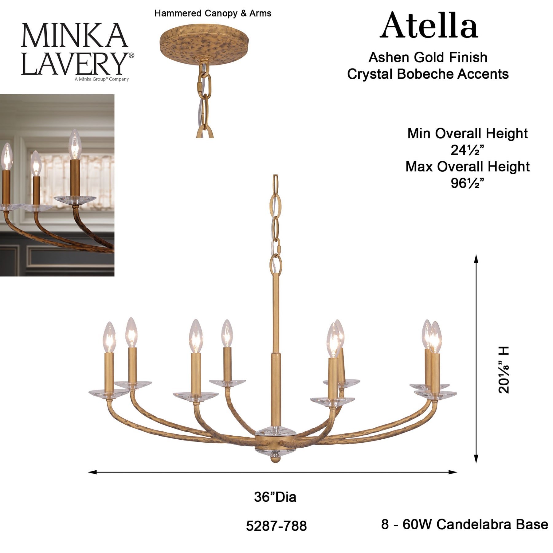 Ashen Gold 36" 8-Light Candle Style Chandelier with Crystal Accents
