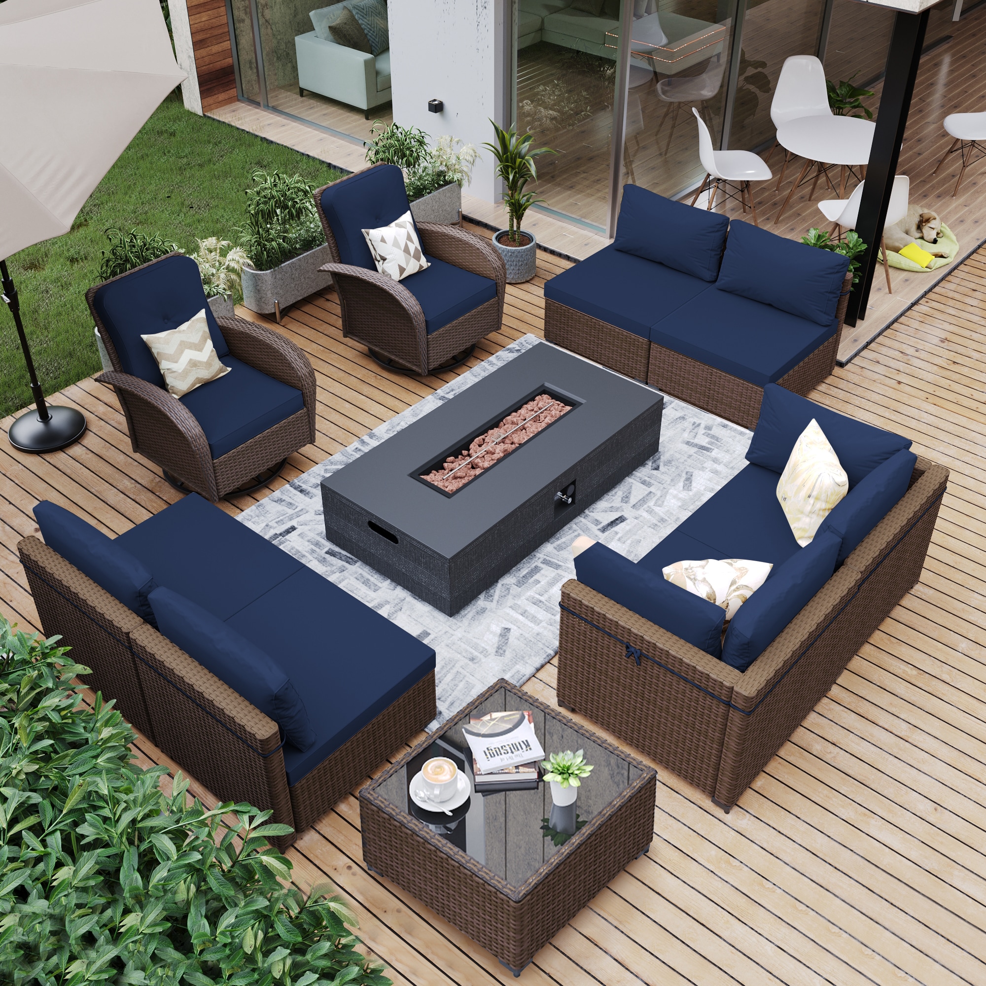 UPHA PL-2CZY11-56SDK-Z2 10-Piece Brown Wicker Conversation Set with 56 in. Gray Gas Propane Concrete Fire Pit Table and Swivel Chairs, Navy Blue Cushions 10 -Piece Wicker 4 Patio Sofa Conversation Set with Navy Cushions