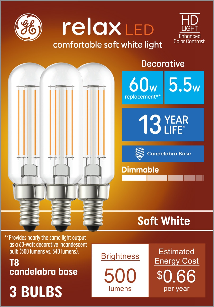 GE Relax HD 60-Watt EQ T8 Soft White Candelabra Base (E-12) Dimmable LED  Light Bulb (3-Pack) in the Decorative Light Bulbs department at