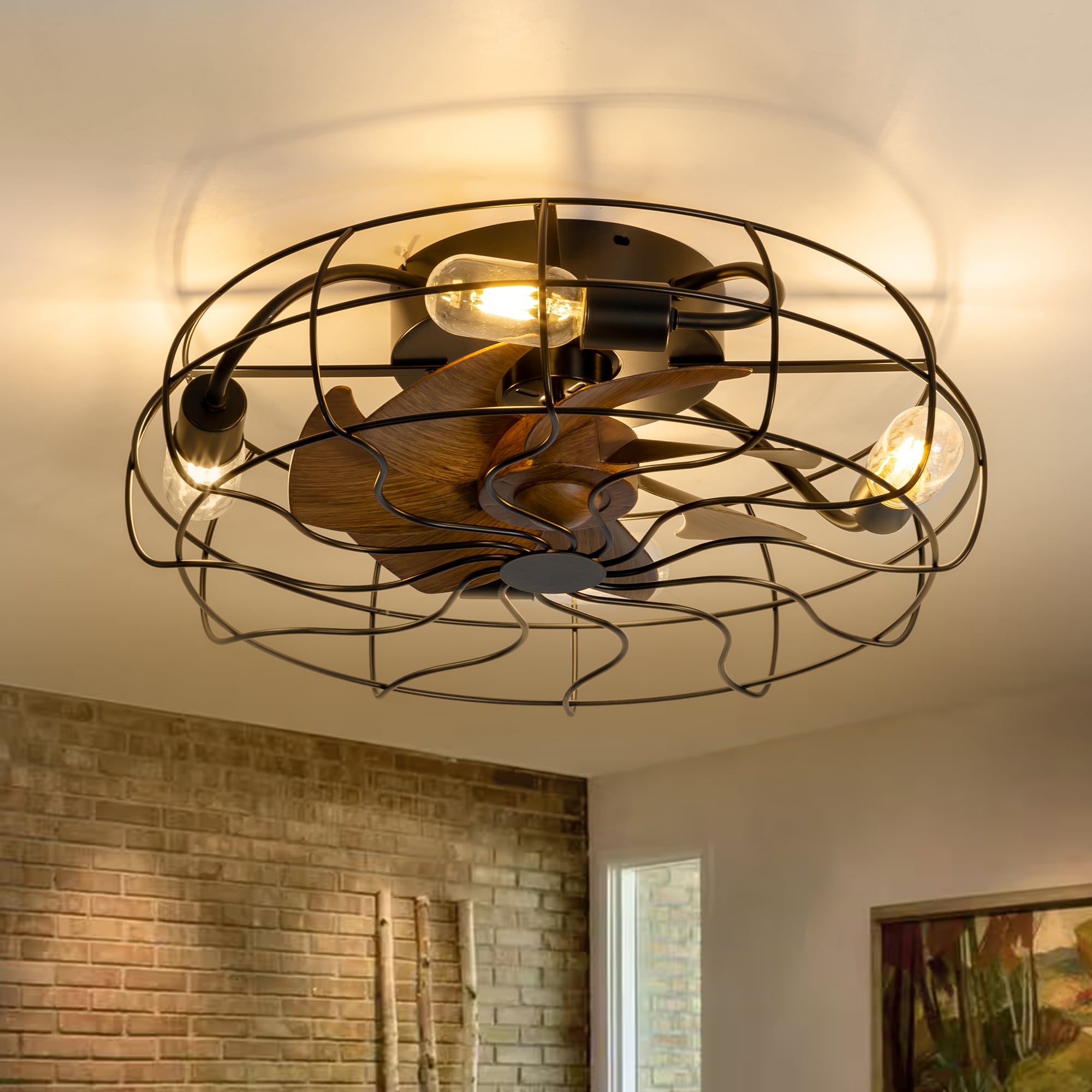 Breezary 23027-BLK 19-in Flush Mount Black with Wood-Grain Blades Fandelier Ceiling Fan With Light - Remote Included ( 7 -Blade )