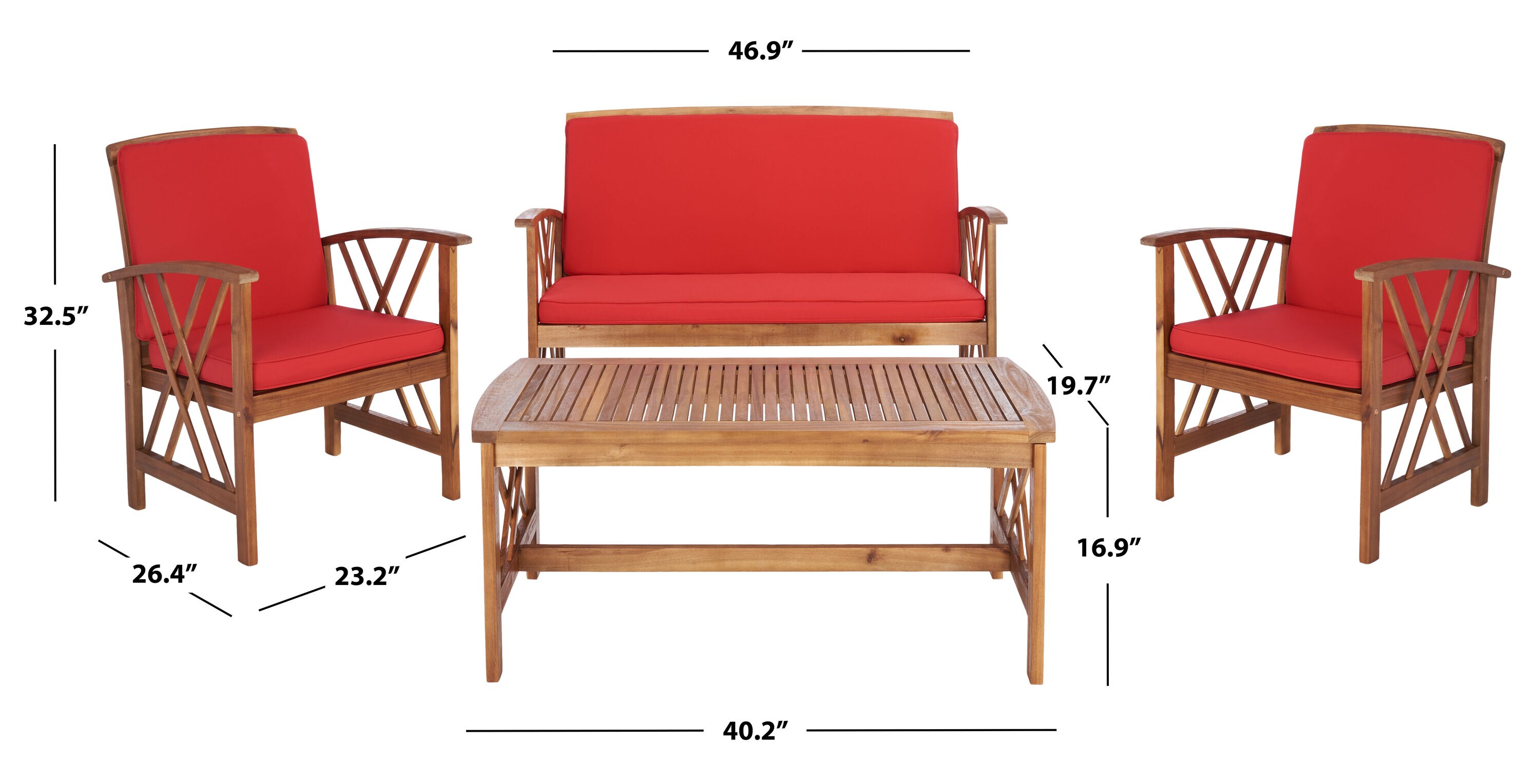 Fontana Natural Acacia Wood 4-Piece Outdoor Set with Red Cushions