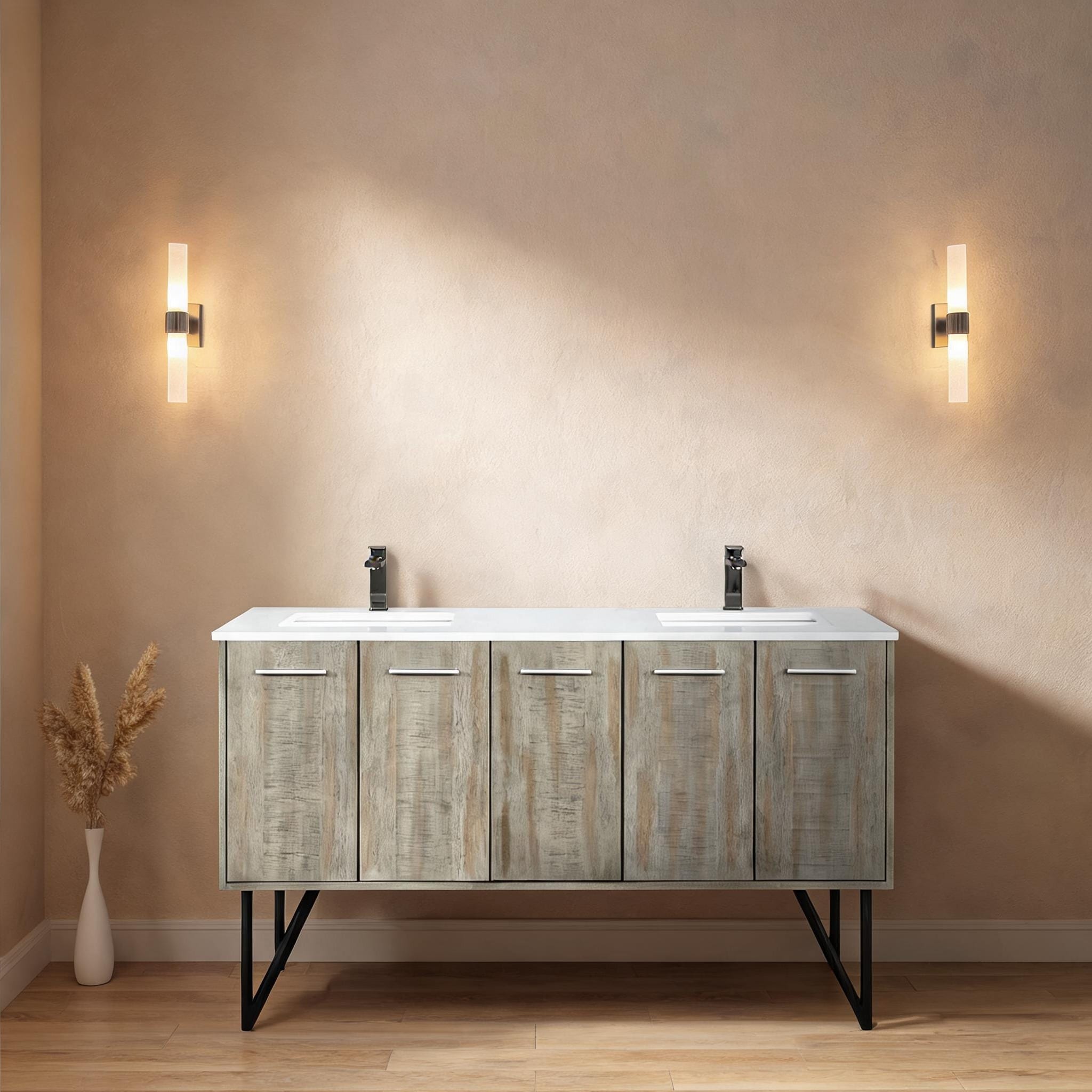 SunJet - Acacia Wood Double Bathroom Vanity 60-Inch Cultured Marble Top Faucet Rustic Style