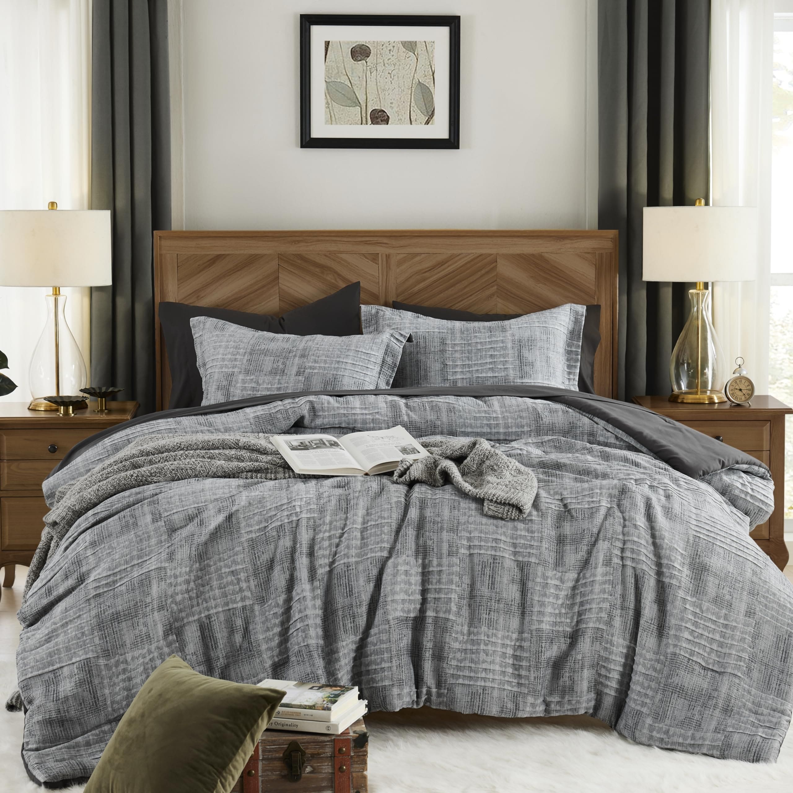 OMOMMD Charcoal Grey California King 7 Piece Crinkle Textured Bed In A Bag Set Soft Polyester All Season Bedding #5749848218677
