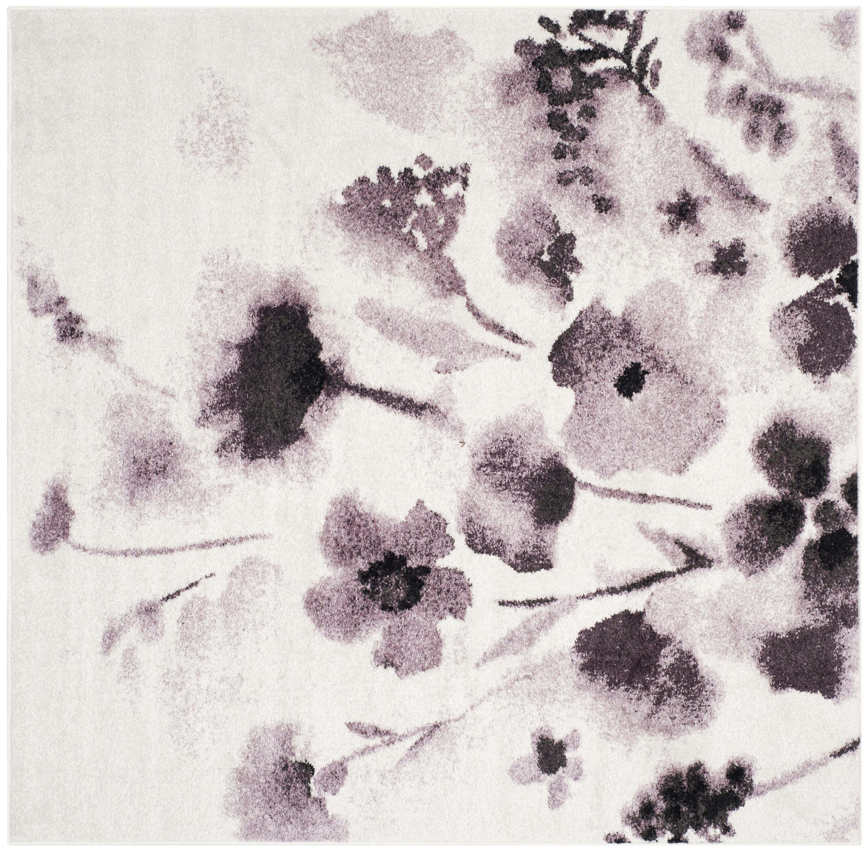 Ivory and Purple Floral Square Synthetic Area Rug