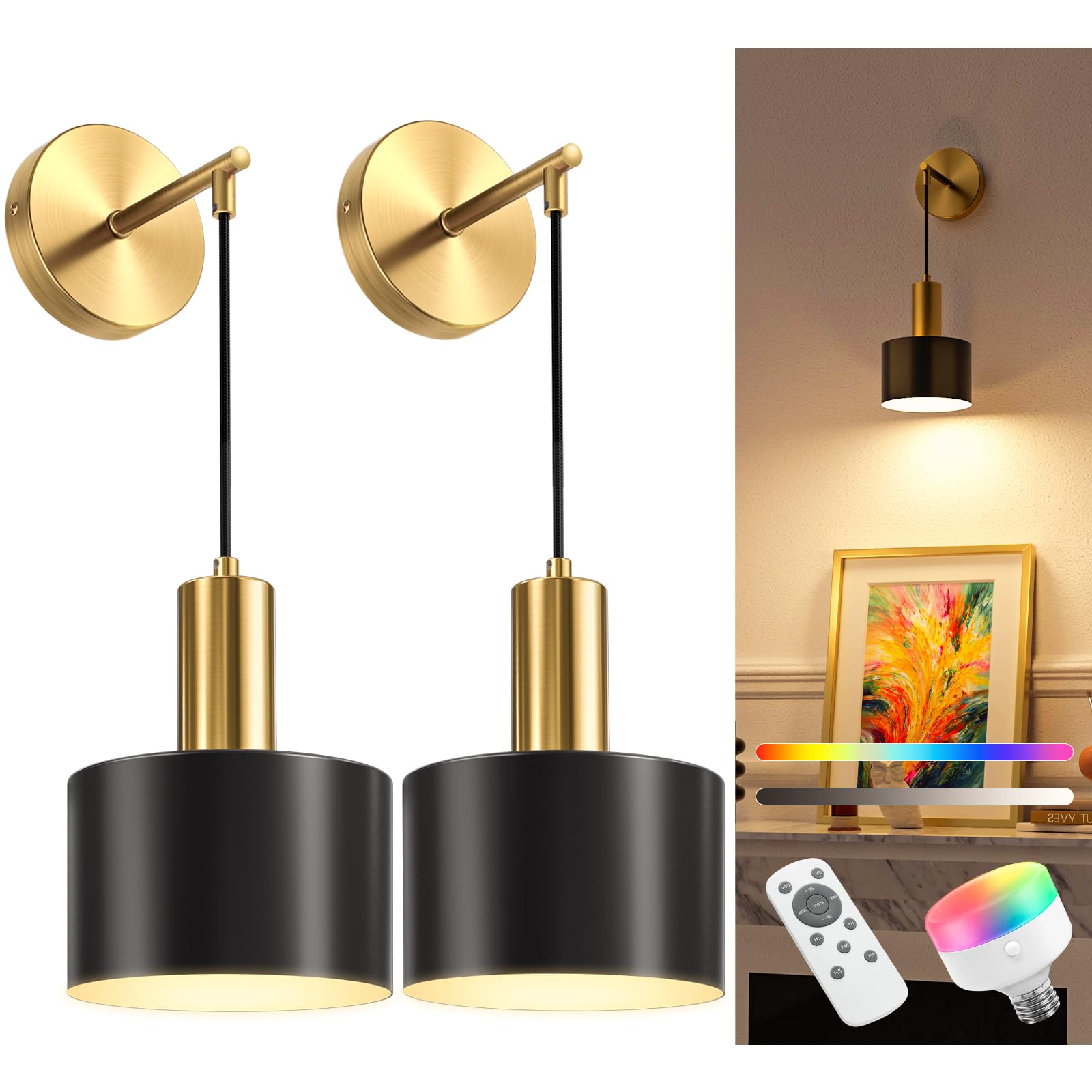 Oyezvary - Set of 2 Gold and Black Wireless Wall Sconces with Rechargeable Detachable Dimmable E...