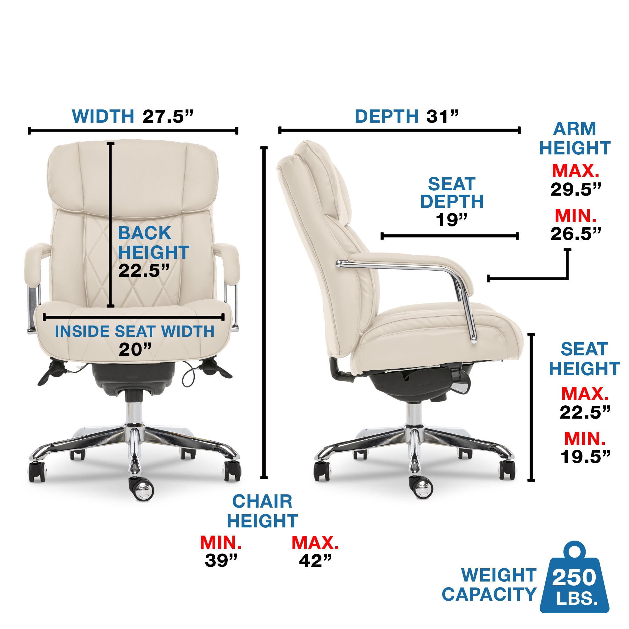 Ivory Bonded Leather Ergonomic Executive Office Chair with Chrome Base