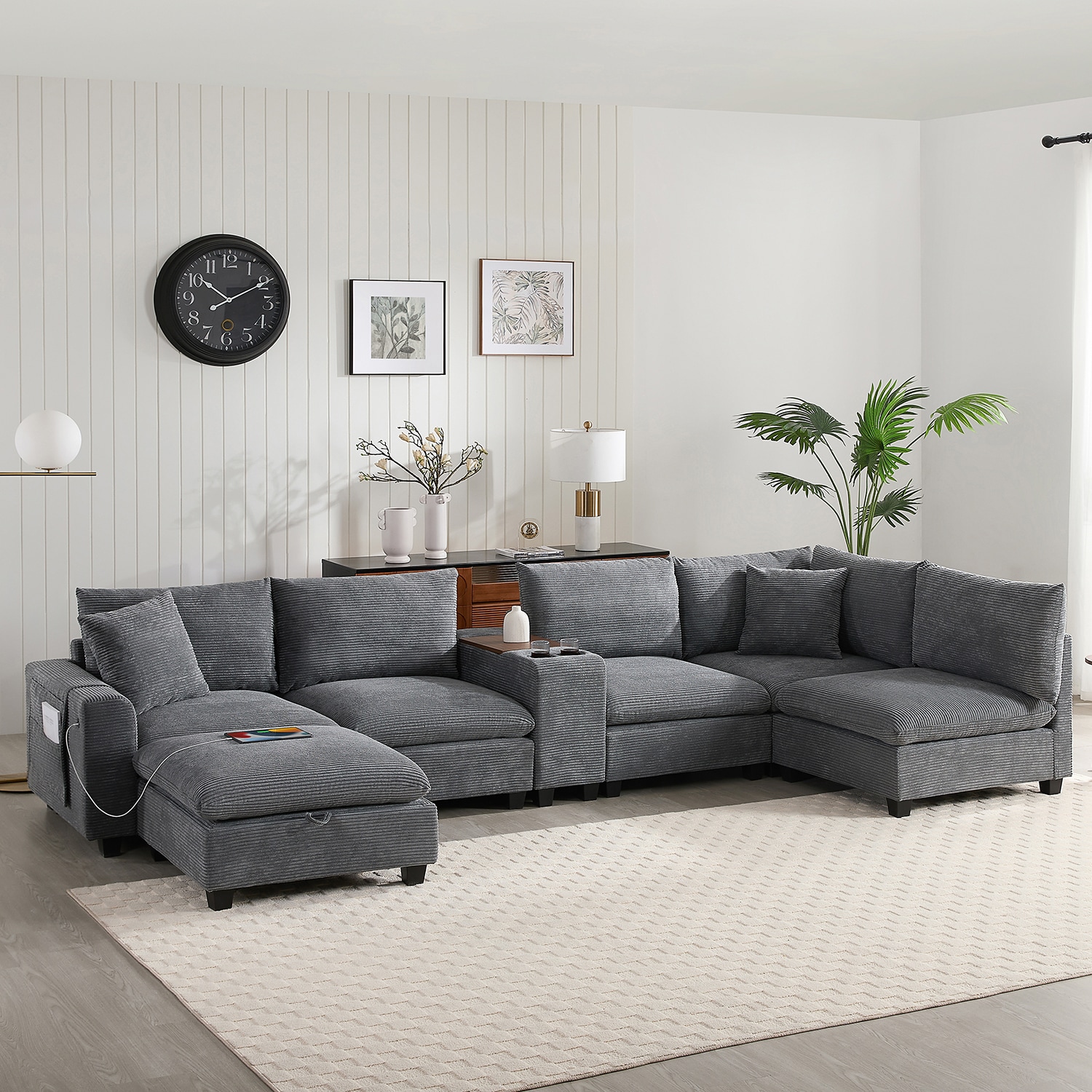 GZMR GZ-HH4S006 140'' Oversized Modular Sectional Sofa 140-in Modern Gray Chenille 6+ -seater Reclining Sofa