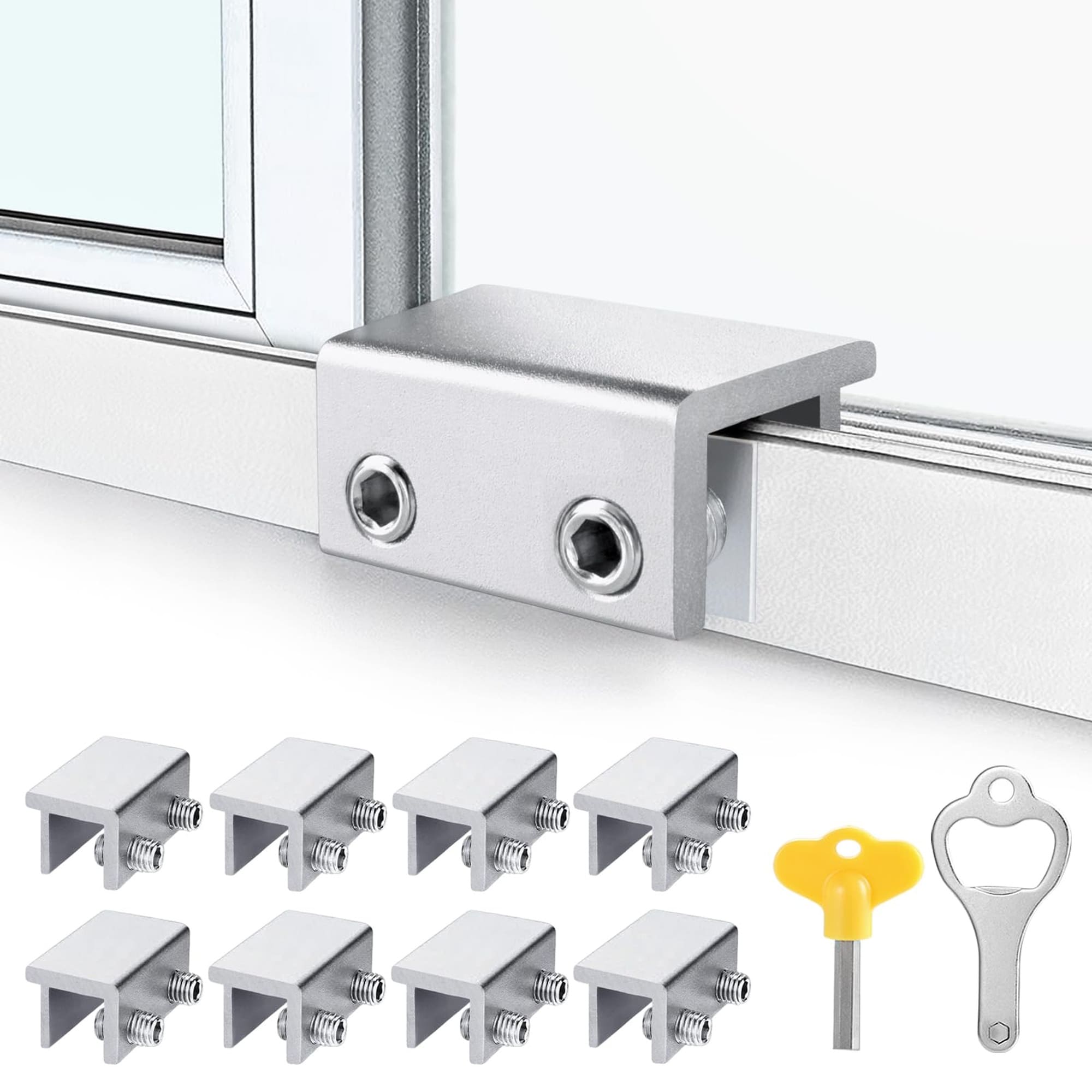Wudkey 8 Pack Silver Sliding Window Lock Set with Key Adjustable Security Locks for Windows and Doors