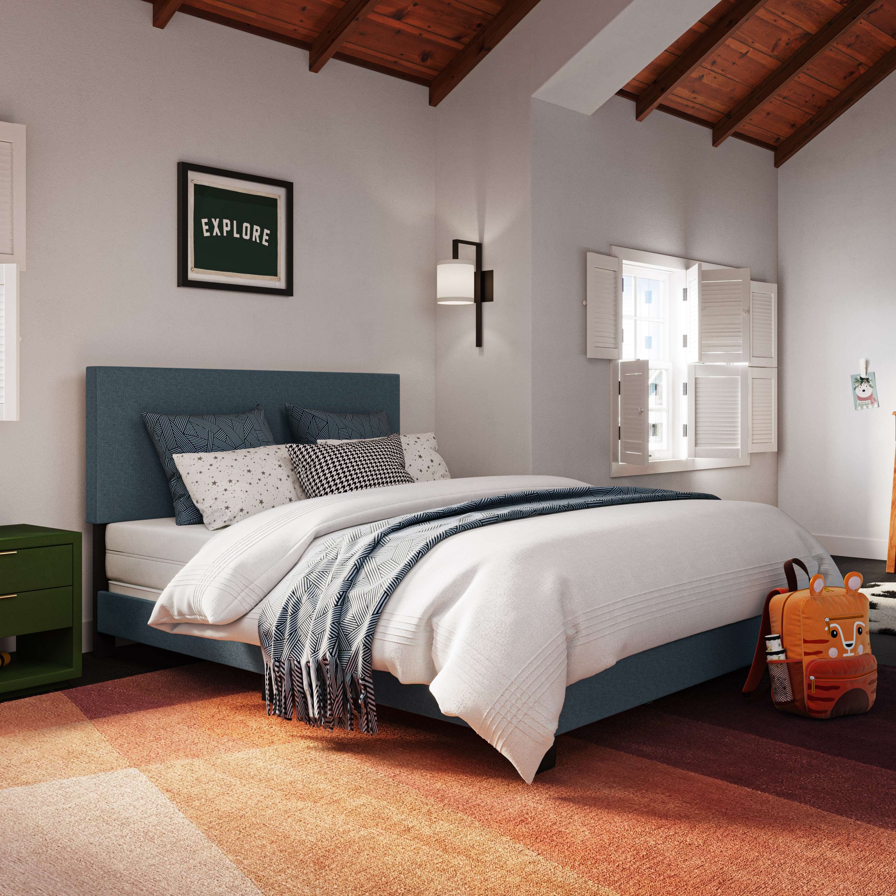 Celeste Blue Upholstered Queen Bed Frame with Padded Headboard