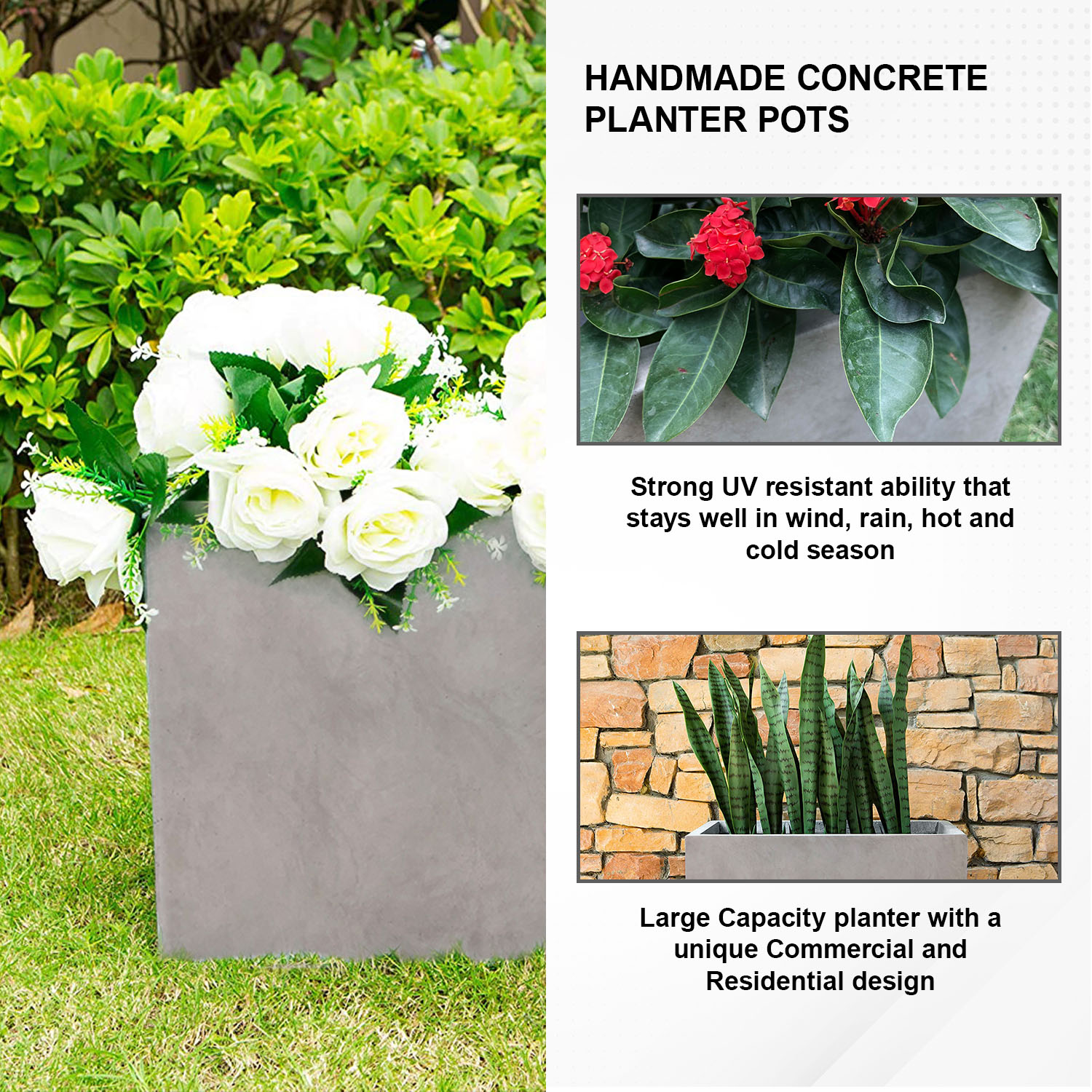 Large Gray Concrete Rectangular Indoor/Outdoor Planter with Drainage Holes