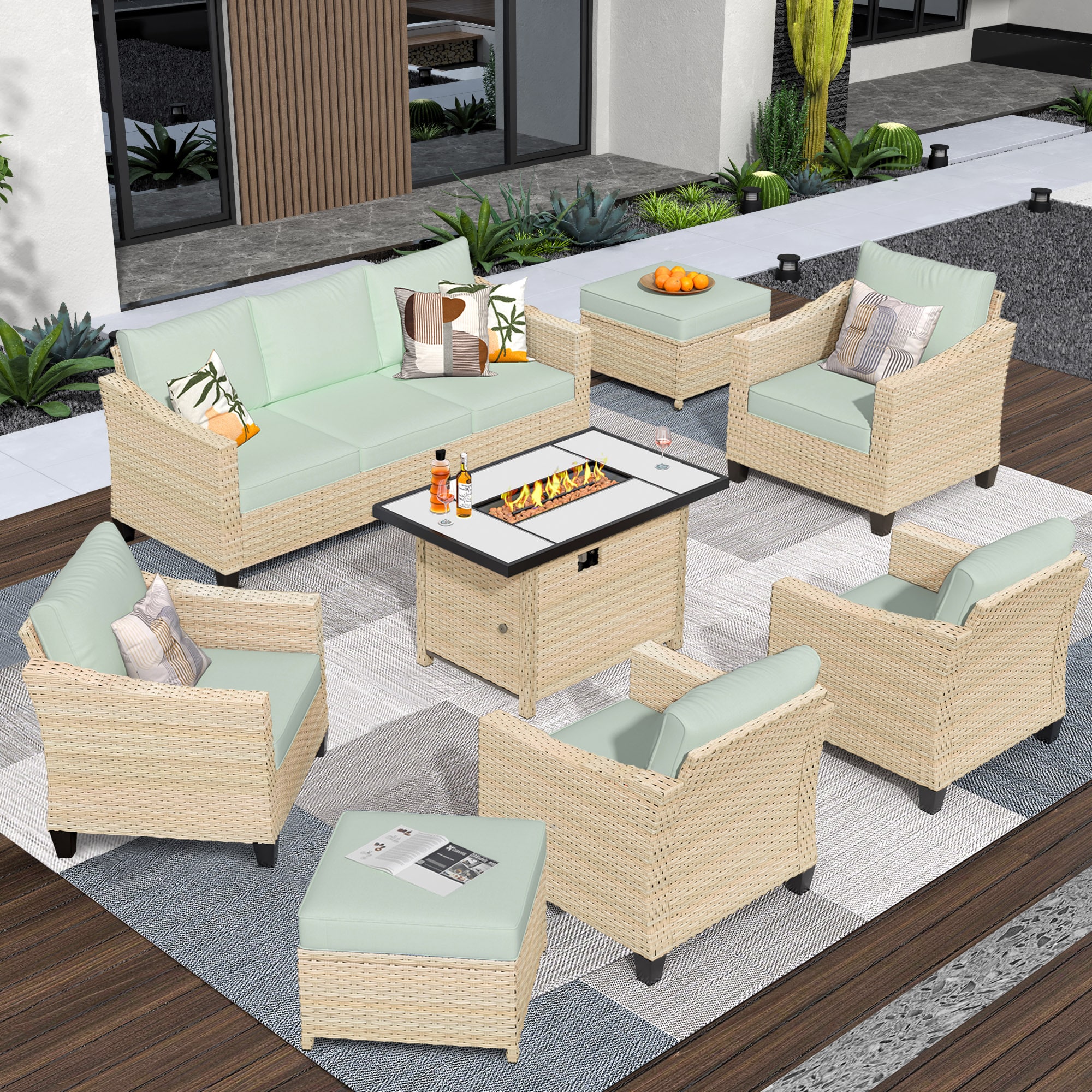 Pouuin SRFPDAR907 8 -Piece Rattan Patio Sofa Conversation Set with Green Cushions