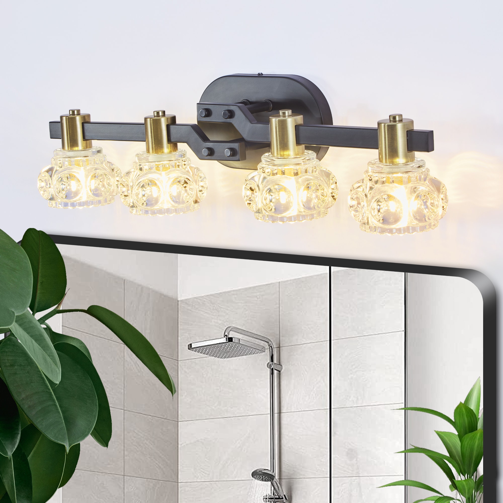 Tenleaf 24 Inch Vintage Wall Sconce 4-Light Black Iron Vanity Light with Clear Crystal Shades Modern Wall Lamp for Bathroom Hallway No Bulbs