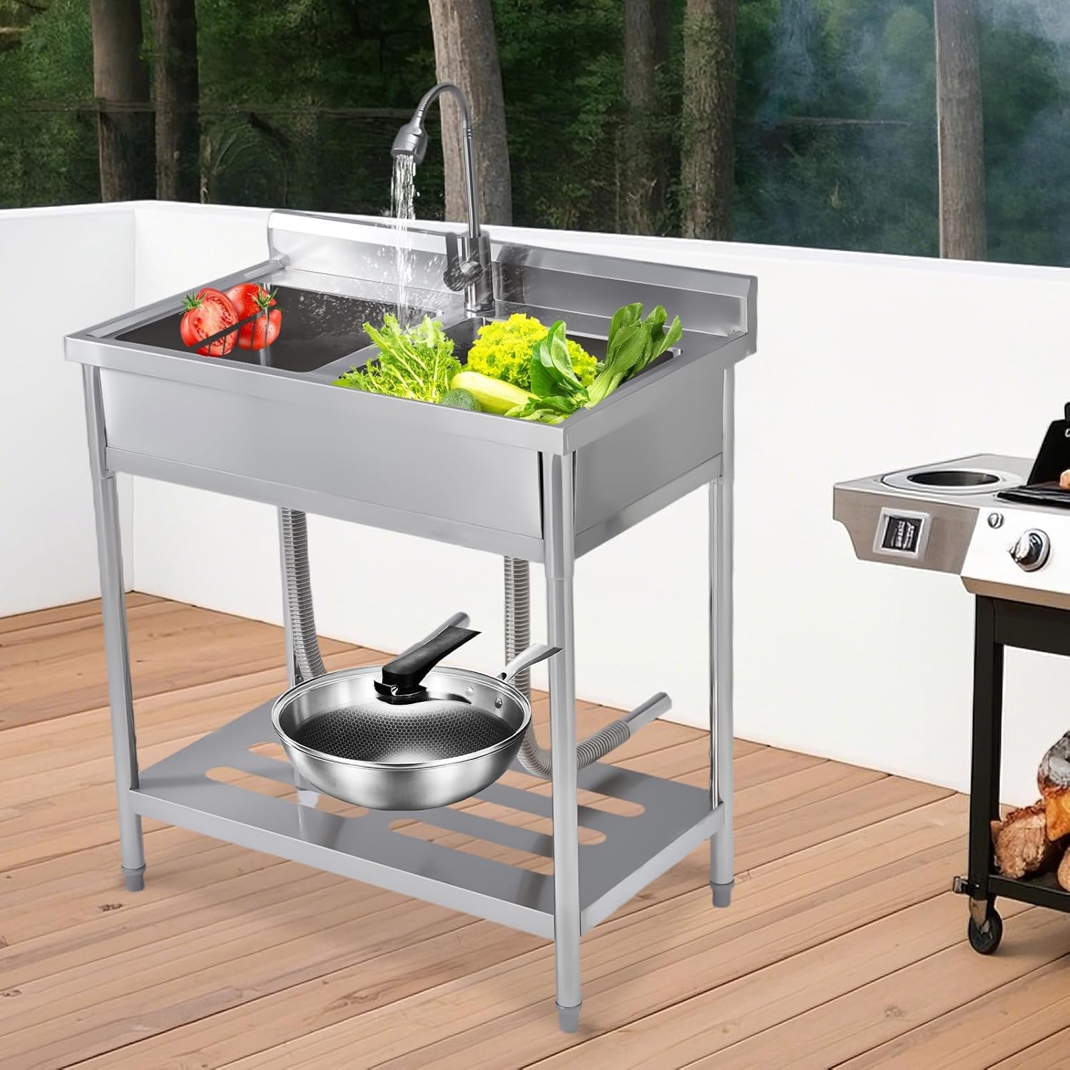 IdealHouse Freestanding Stainless Steel Utility Laundry Sink with 360 degrees Rotating Pull-Out Faucet/ Rust-Resistant/ Storage Shelf/ Easy Clean Basin and Adjustable Feet - for Kitchen Garage Outdoor