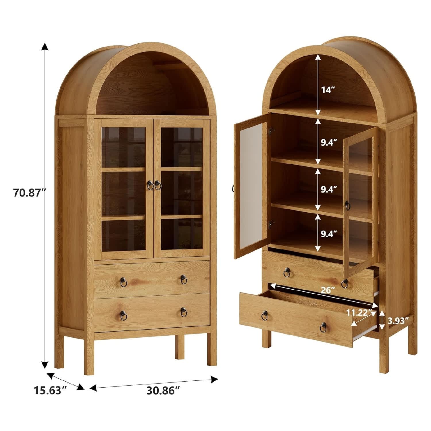 Qeetex MIE-PHK-348LBPMM 71in Tall Arched Cabinet Modern Storage Cabinet with Glass Door Kitchen Pantry Cabinet Wooden Arched Bookshelf for Living Room Kitchen Dining Room