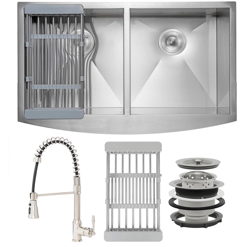 AKDY KS0406 All-in-One Farmhouse Apron Front 33-in x 22-in Brushed Stainless Steel Double Equal Bowl Kitchen Sink All-in-one Kit
