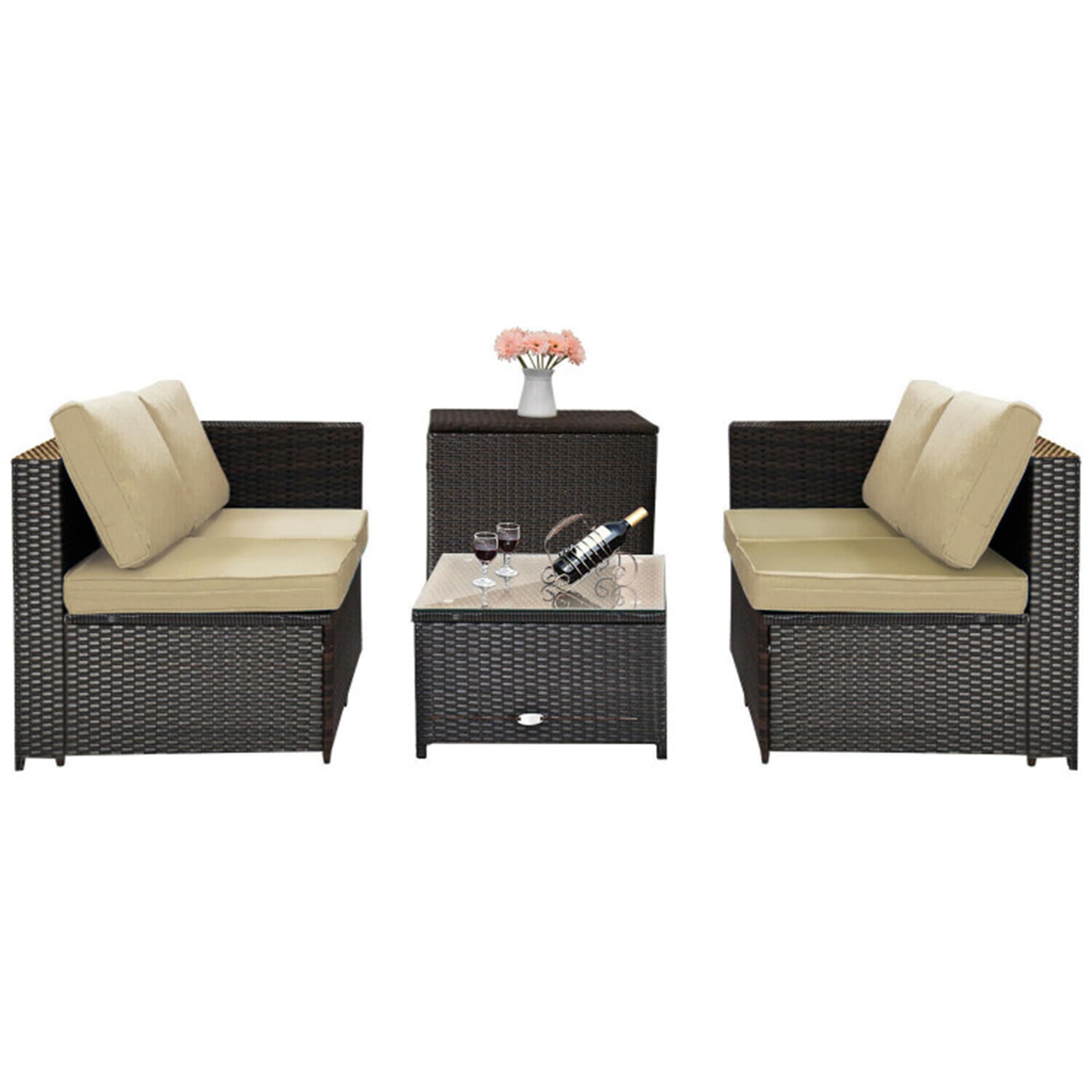 Brown 4-Piece Rattan Wicker Outdoor Patio Set with Cushions