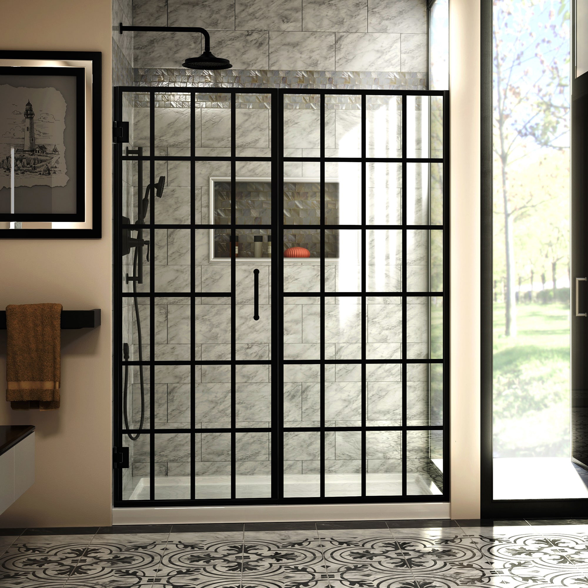 DreamLine Unidoor Toulon Matte Black 58-in to 58-1/2-in W x 72.0-in H Frameless Clear Glass Hinged Shower door