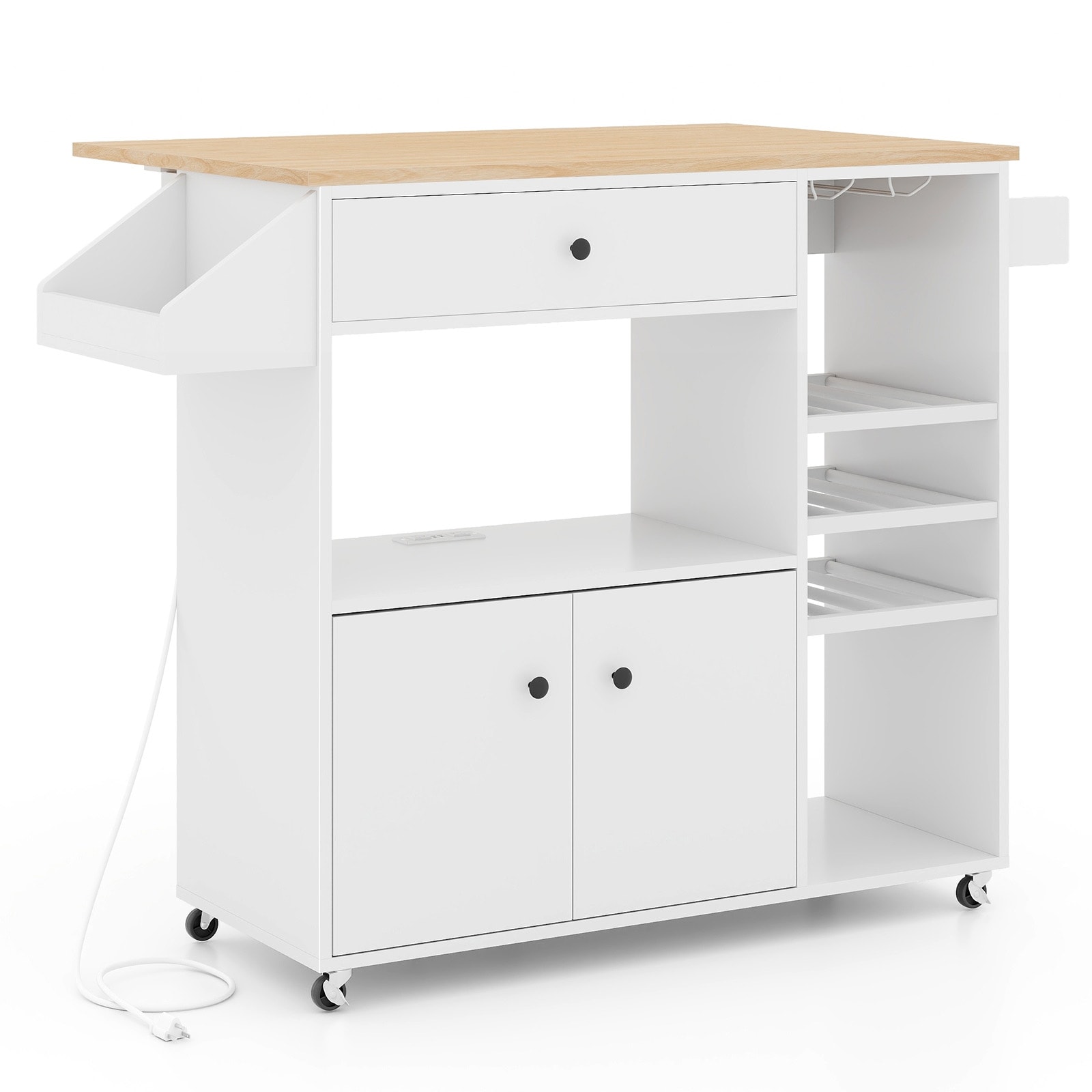 Volenca - 51-in W White Drop-Leaf Rolling Kitchen Island with Power Outlet USB Port and Cabinet 1...
