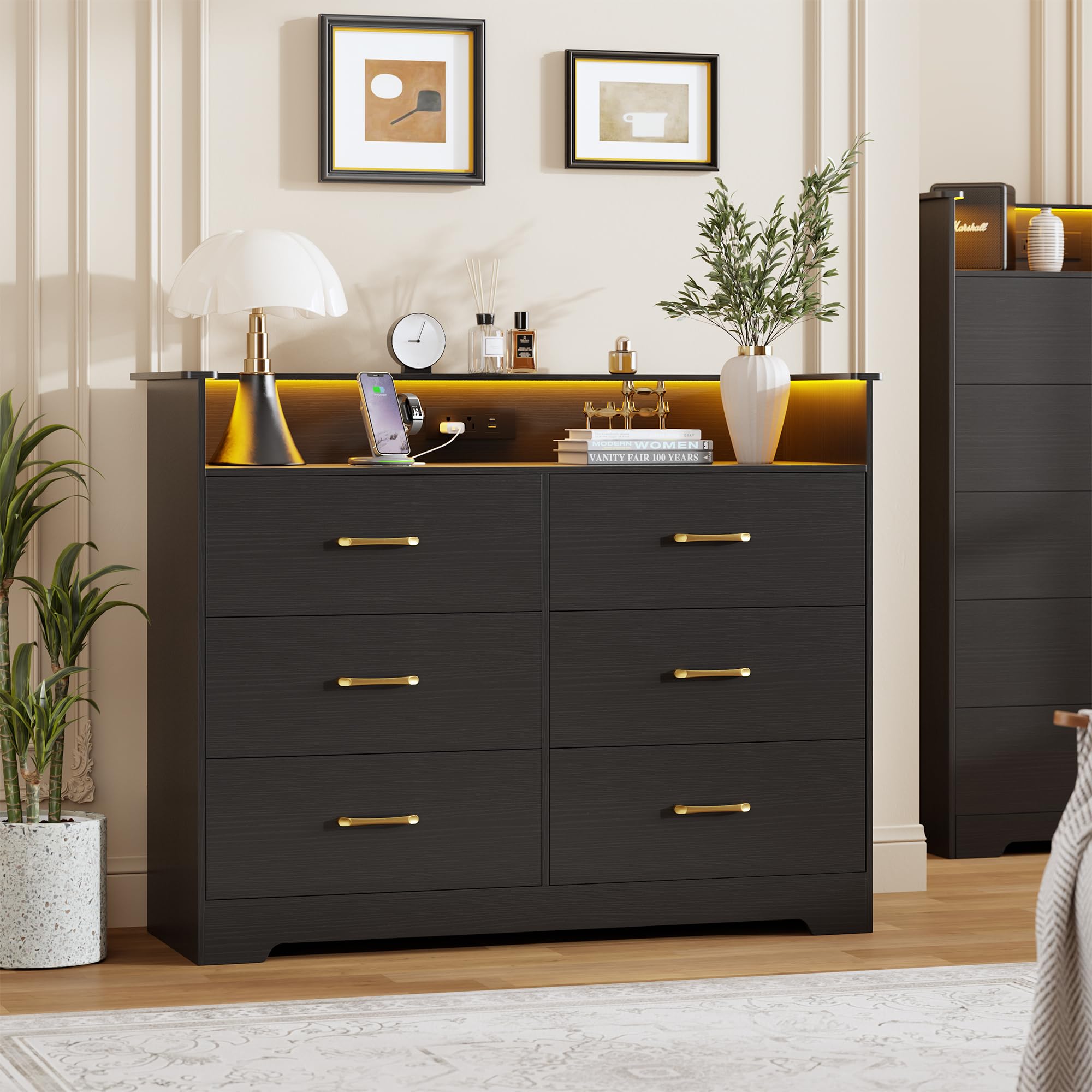Assile 47.2-In Wide Black 6-Drawer Dresser Chest - Modern TV Stand Cabinet with App-Controlled LED Lights Charging Station and Open Shelf
