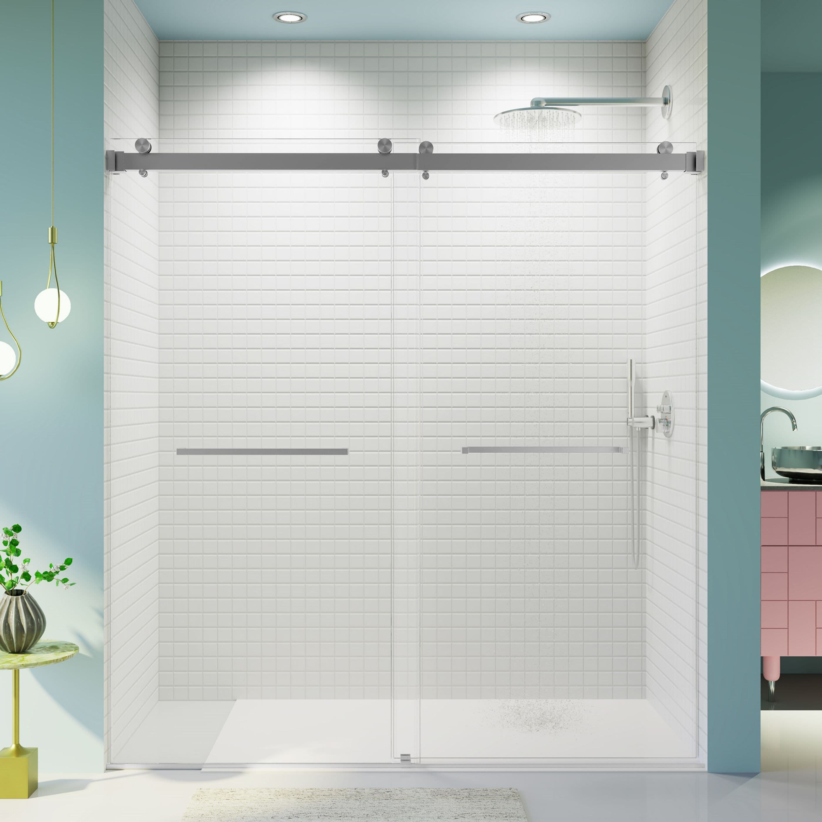 Double Sliding Brushed Nickel 68-in to 72-in W x 76-in H Frameless Clear Glass Bypass Sliding Shower door