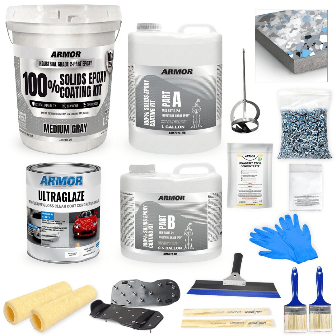 Armorpoxy 300 SQ FT Commercial Grade, Ultra Thick, 2 Layer 2-part Medium Gray With Flakes Epoxy Concrete and Garage Floor Paint ( 1.5-gallon )