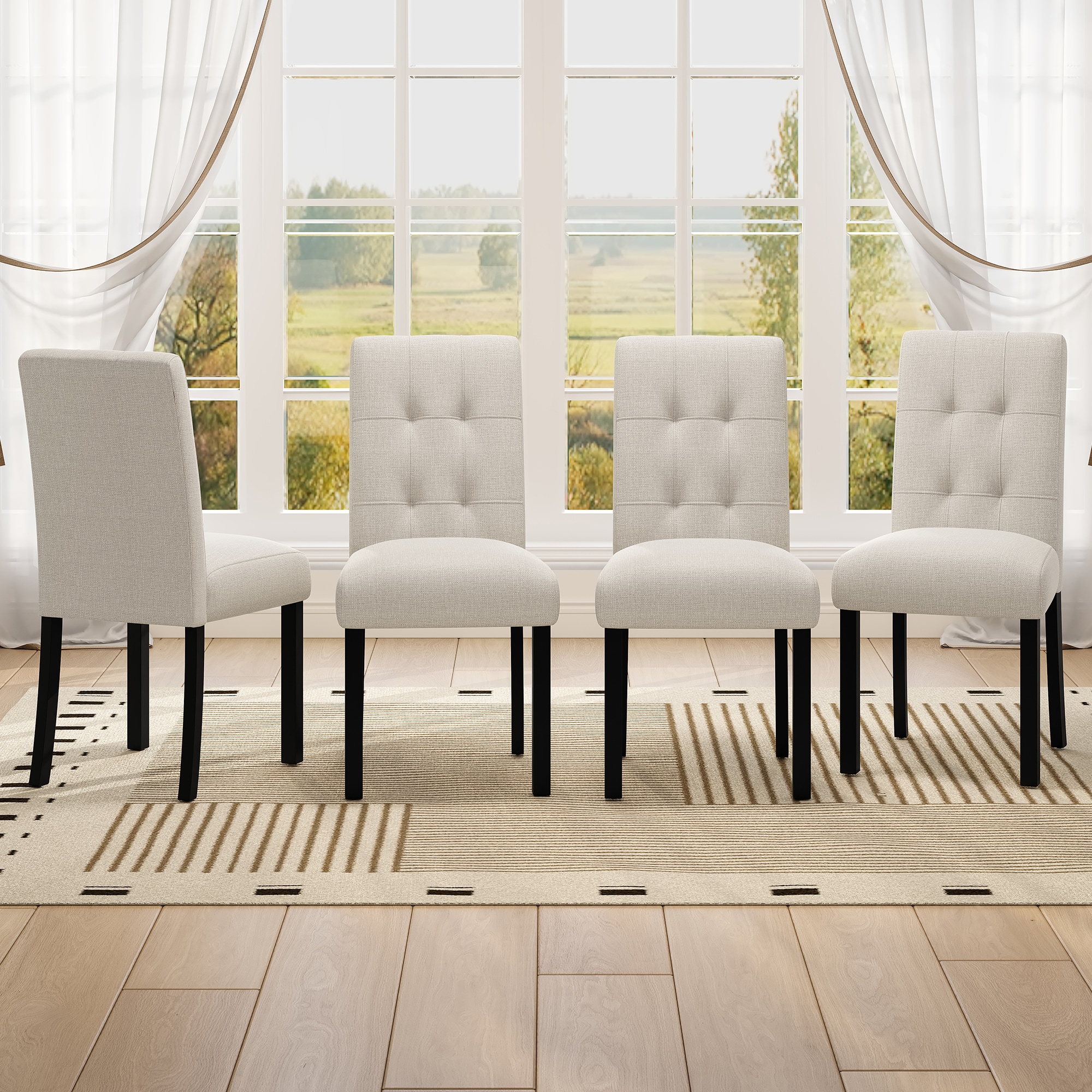 ModernLuxe 4 Piece Modern Tufted Dining Chair Rustic Linen Upholstered with Black Rubber Wood Legs Upholstered Accent Chair for Kitchen Dining Room Bedroo Beige