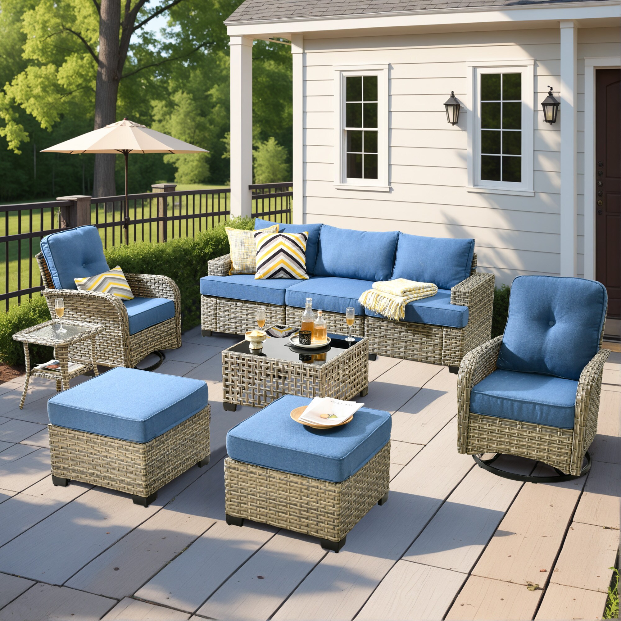 ALTRIGUS 6L-VYZTBS5091-AL 9 -Piece Wicker Patio Sofa Conversation Set with Blue Cushions