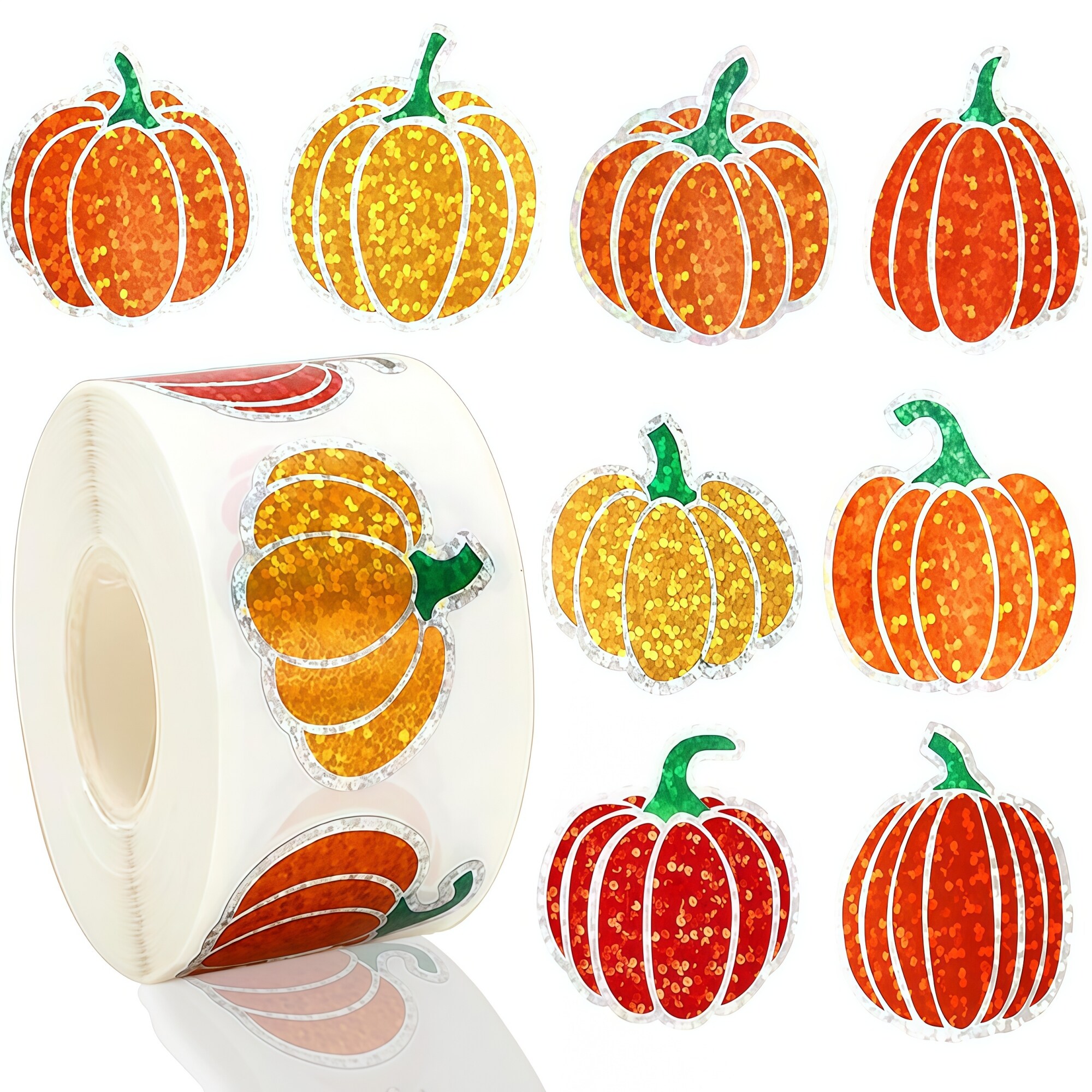 Numhew 1.2in 500-Piece Orange Pumpkin Stickers Roll Glitter Autumn Decorative Stickers